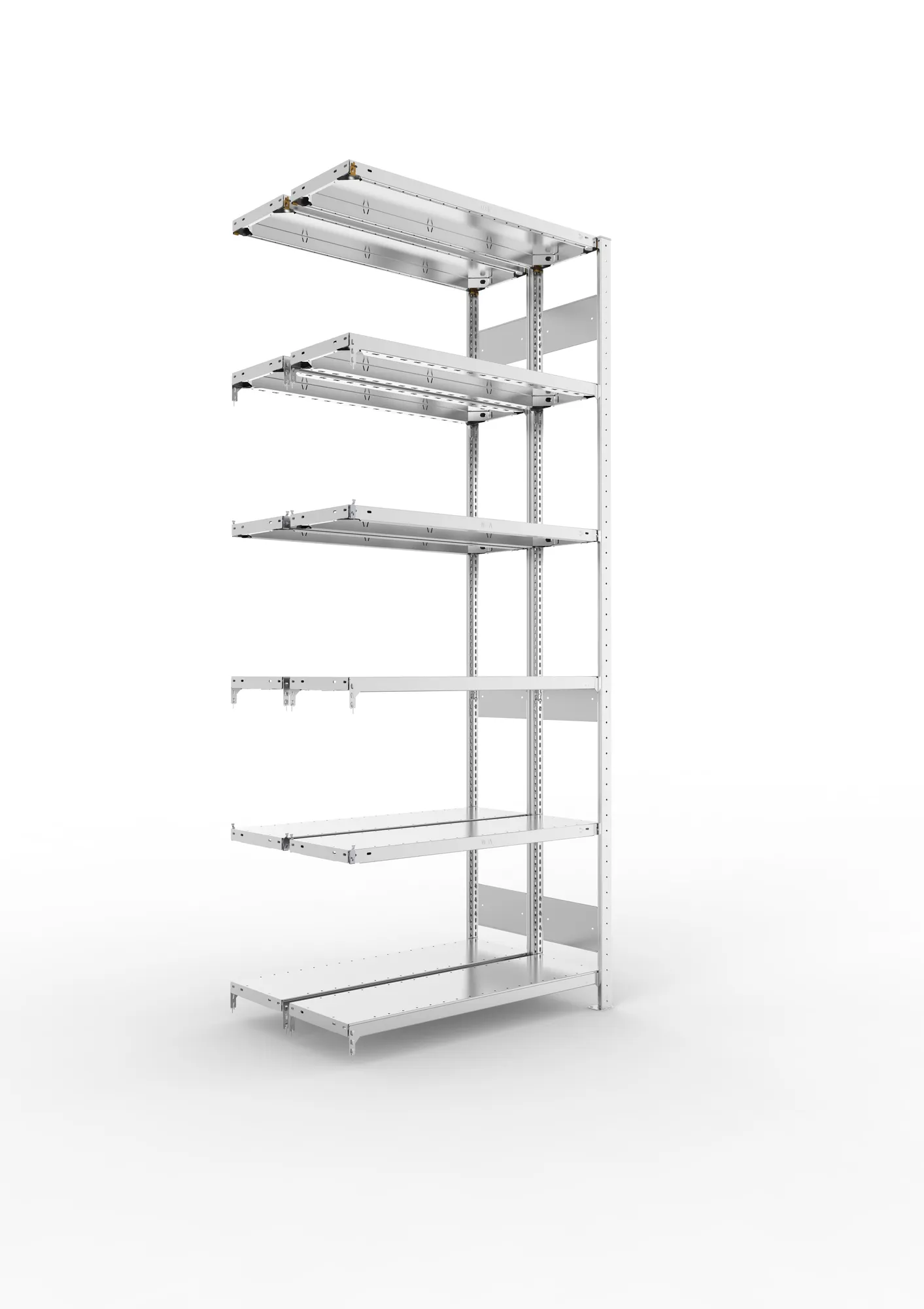 META CLIP S3, Fachbodenregal, Doppel-Anbauregal, 2500 x 1000 x 300 mm, Fachlast 150 kg, 6 Ebenen, Längsriegel, verzinkt – Ansicht in Blickhöhe