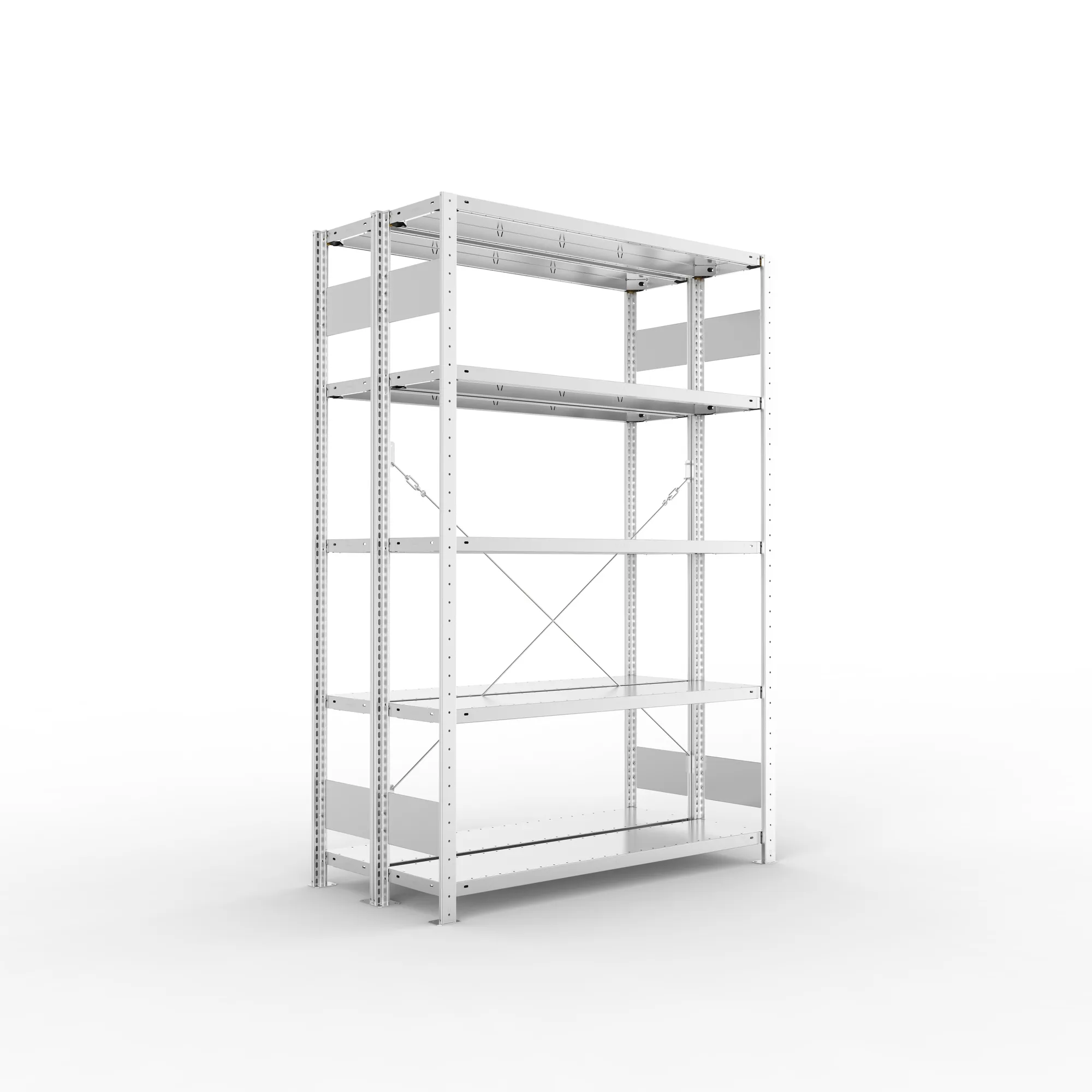 META CLIP S3, Fachbodenregal, Doppel-Grundregal, 2000 x 1300 x 300 mm, Fachlast 230 kg, 5 Ebenen, verzinkt – Ansicht in Blickhöhe