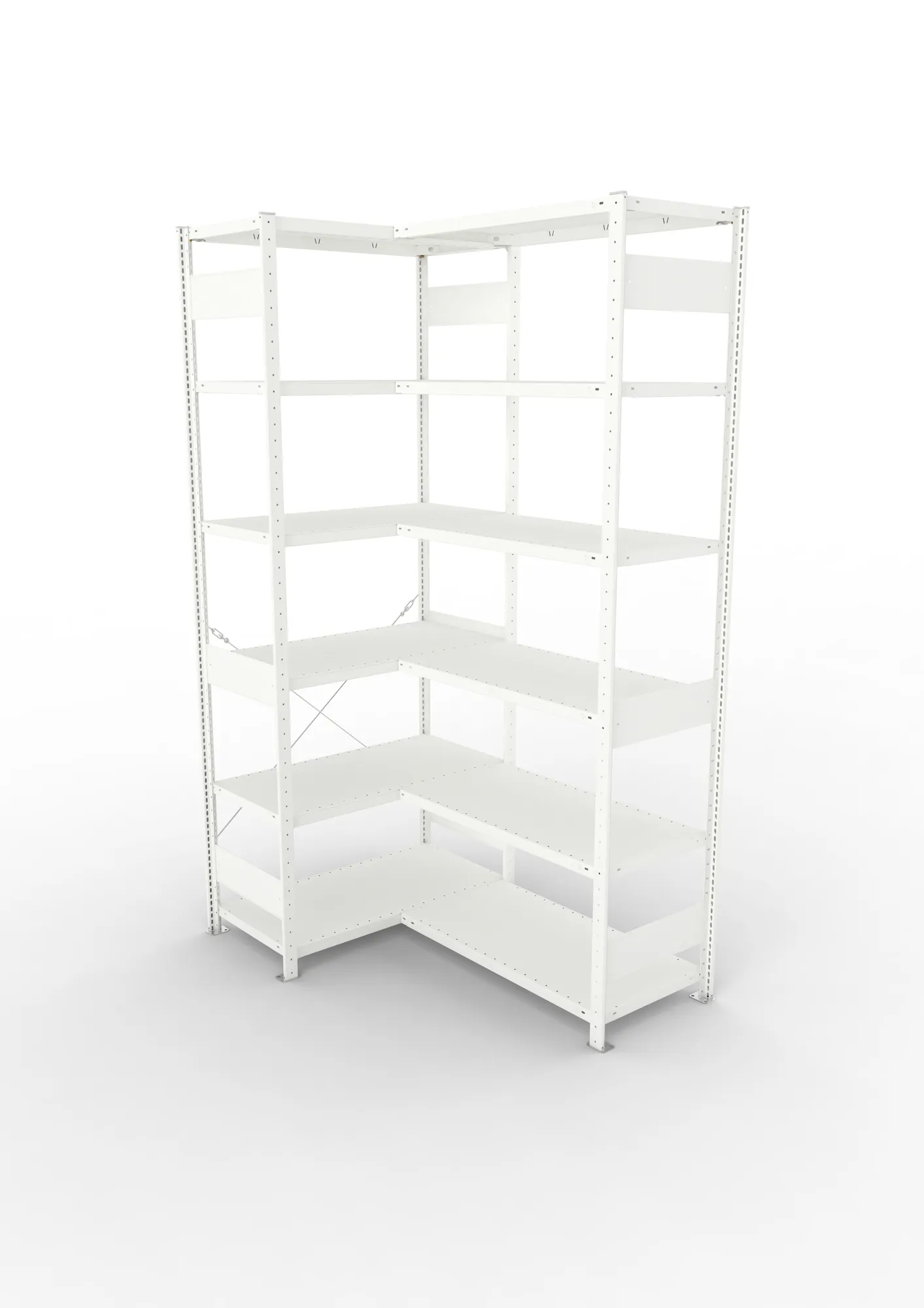 META CLIP, Eckregal, 2500 x 1000 x 500 mm, Fachlast 100 kg, 6 Ebenen, RAL 7035 – Ansicht von oben