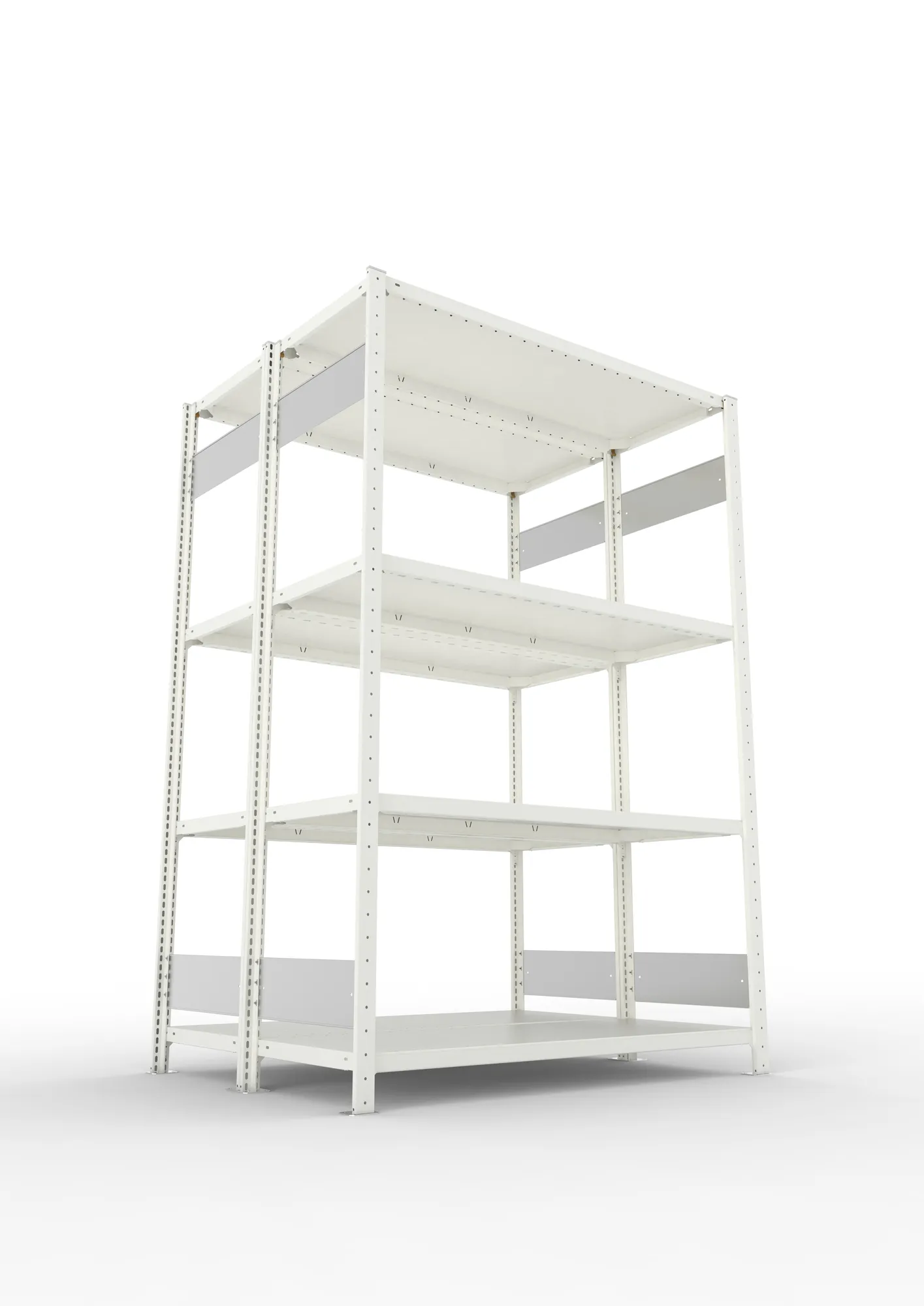 META CLIP S3, Fachbodenregal, Doppel-Grundregal, 2000 x 1300 x 500 mm, Fachlast 230 kg, 4 Ebenen, Längsriegel, RAL 7035 – Ansicht von unten