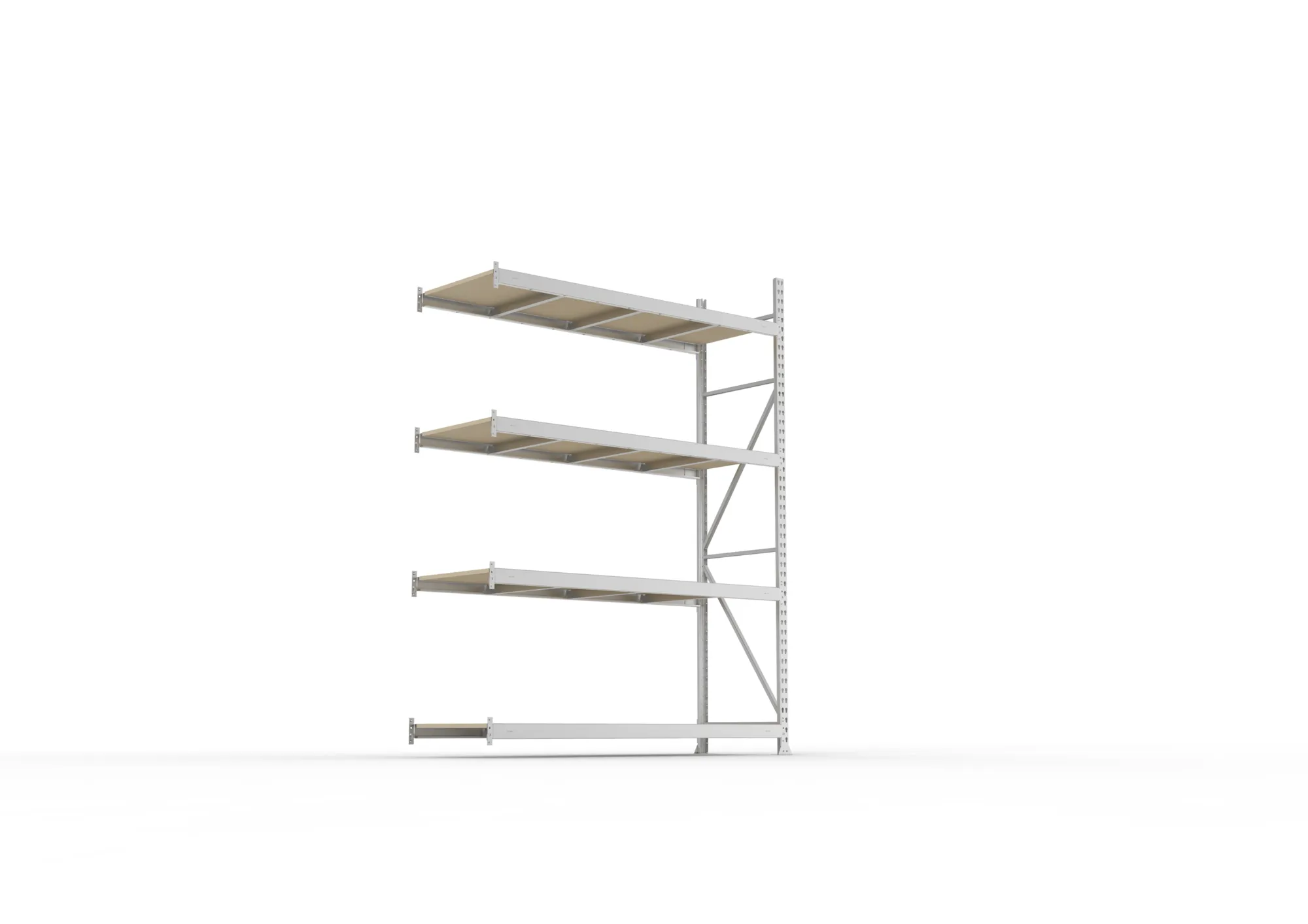 META MINI-RACK, Weitspannregal, Anbauregal, 2500 x 1800 x 650 mm, Fachlast 600 kg, Spanplattenböden, 4 Ebenen – Ansicht von unten