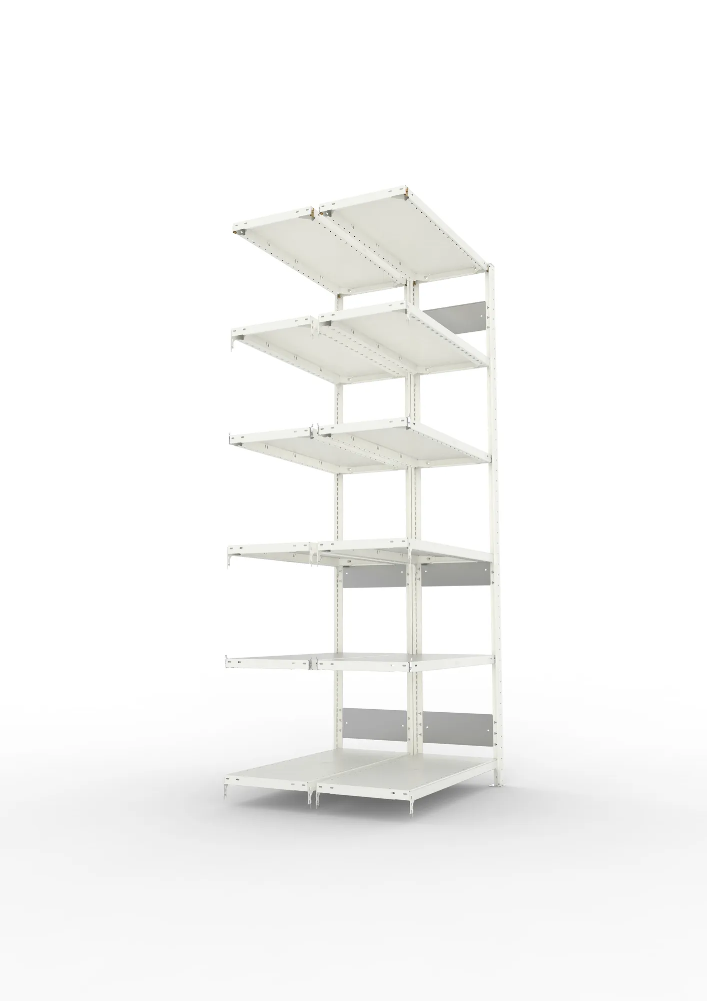 META CLIP S3, Fachbodenregal, Doppel-Anbauregal, 2500 x 1000 x 400 mm, Fachlast 150 kg, 6 Ebenen, Längsriegel, RAL 7035 – Seitenansicht