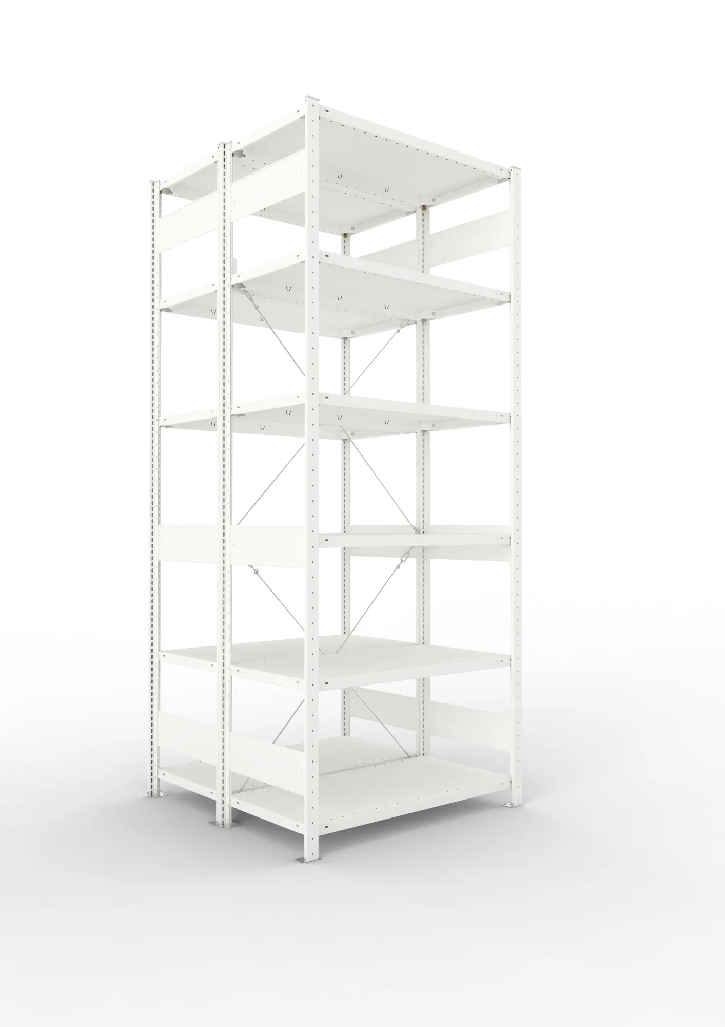META CLIP, Fachbodenregal, Doppel-Grundregal, 2500 x 1000 x 500 mm, Fachlast 150 kg, 6 Ebenen, RAL 7035 – Ansicht in Blickhöhe