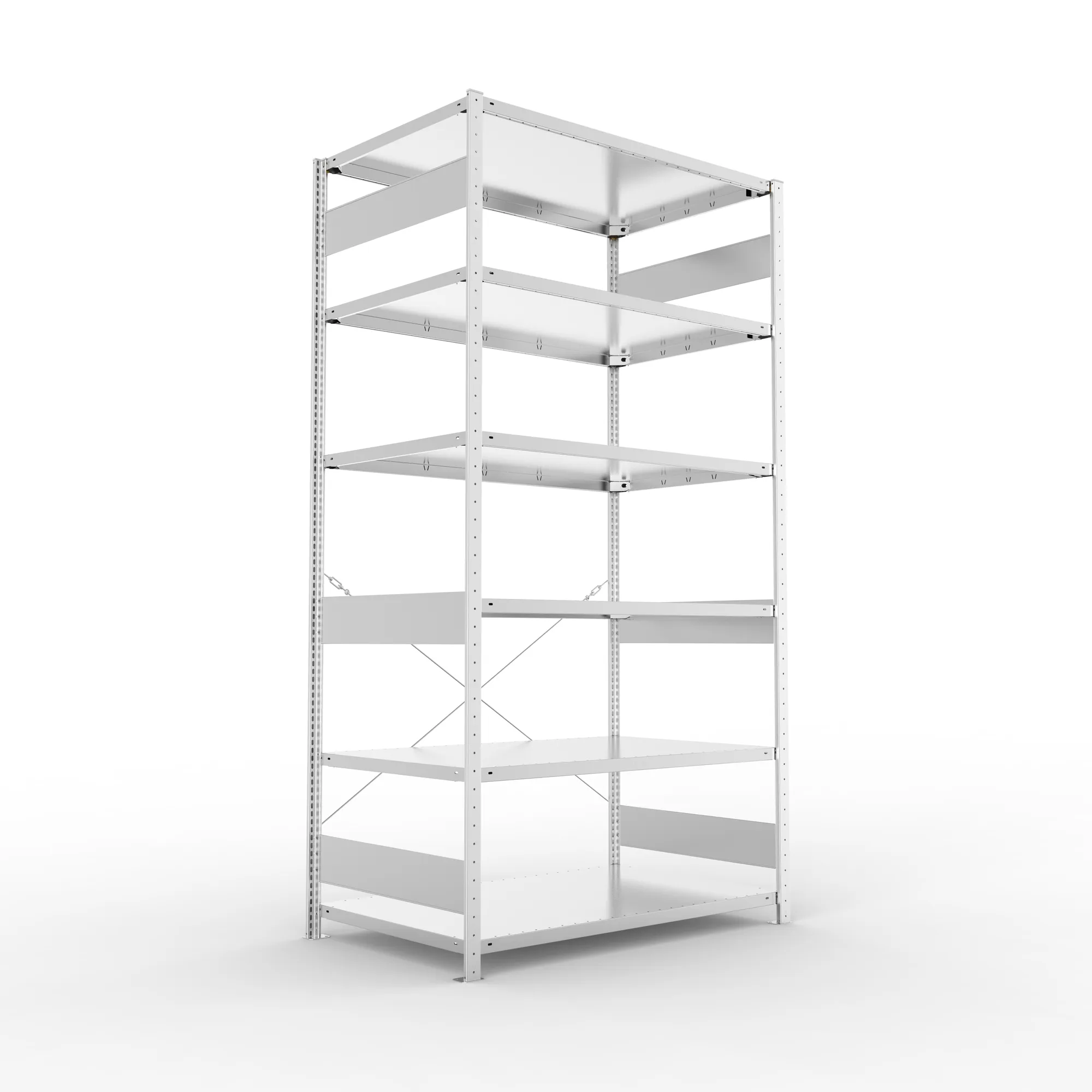 META CLIP S3, Fachbodenregal, Grundregal, 2500 x 1300 x 800 mm, Fachlast 230 kg, 6 Ebenen, verzinkt – Ansicht in Blickhöhe