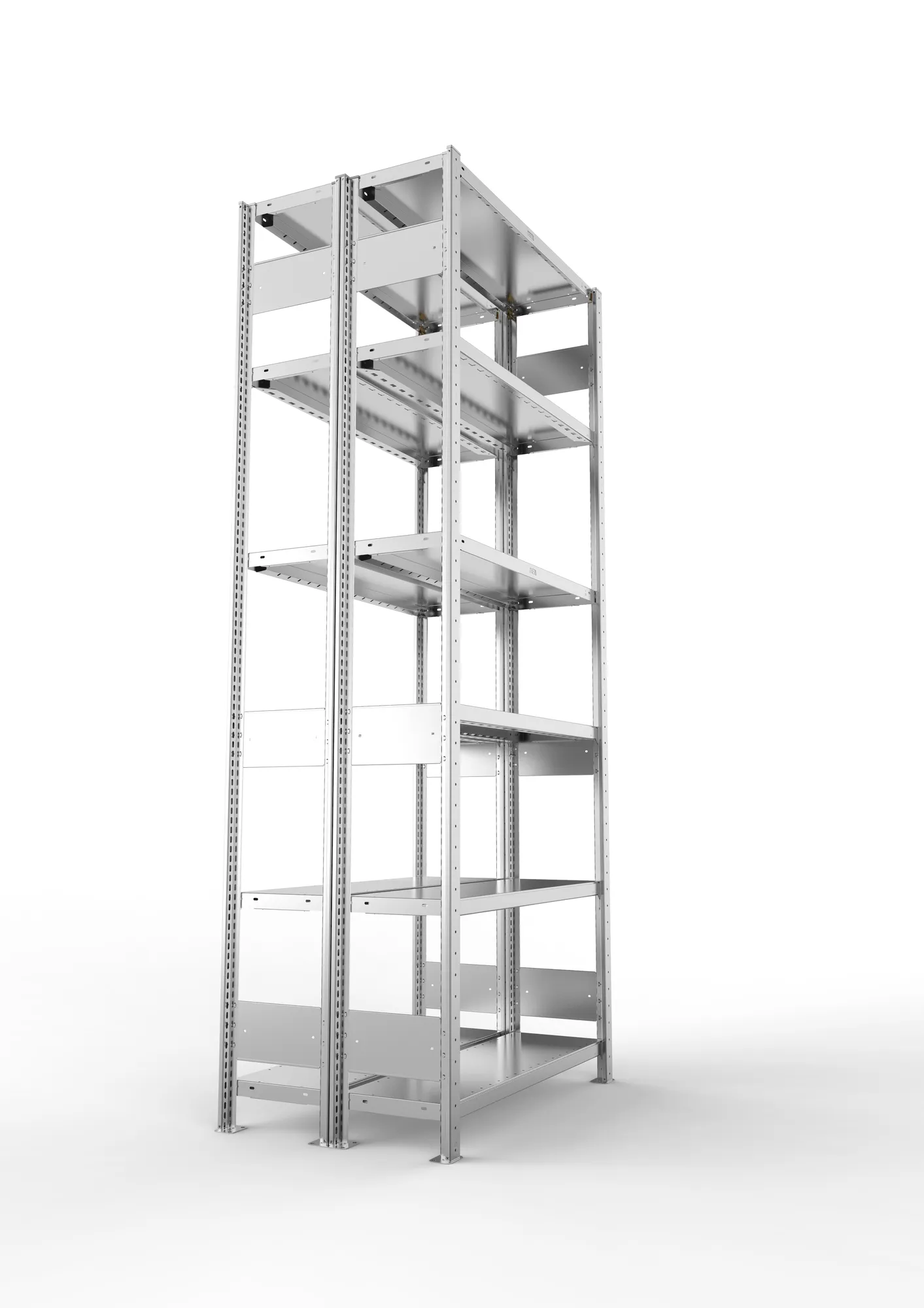 META CLIP S3, Fachbodenregal, Doppel-Grundregal, 2500 x 1000 x 300 mm, Fachlast 230 kg, 6 Ebenen, Längsriegel, verzinkt – Seitenansicht