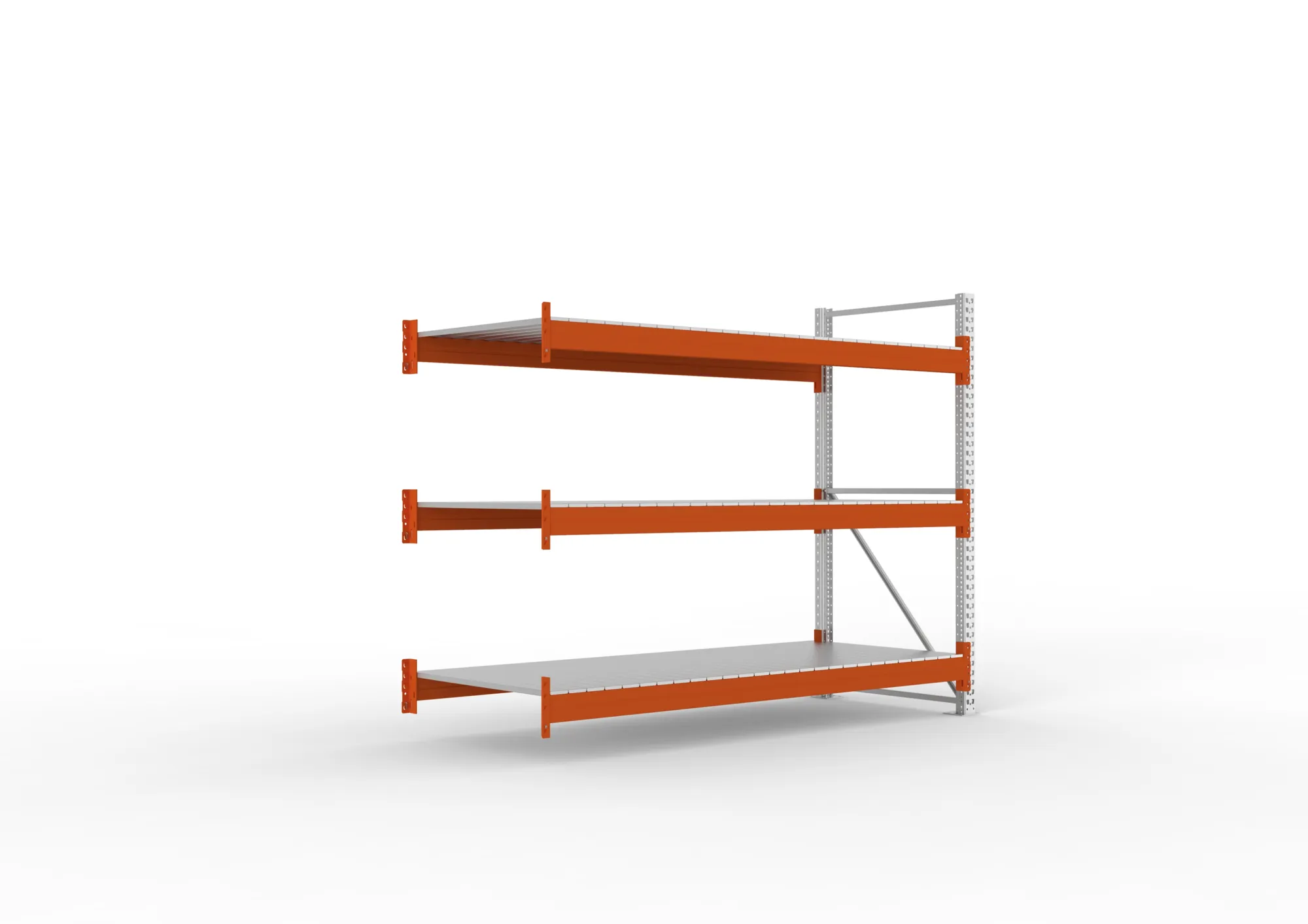 META MULTIPAL, Großfachregal, Anbauregal, 2200 x 2700 x 1100 mm, Fachlast 2400 kg, 3 Ebenen, Stahlpaneele, verzinkt – Ansicht in Blickhöhe