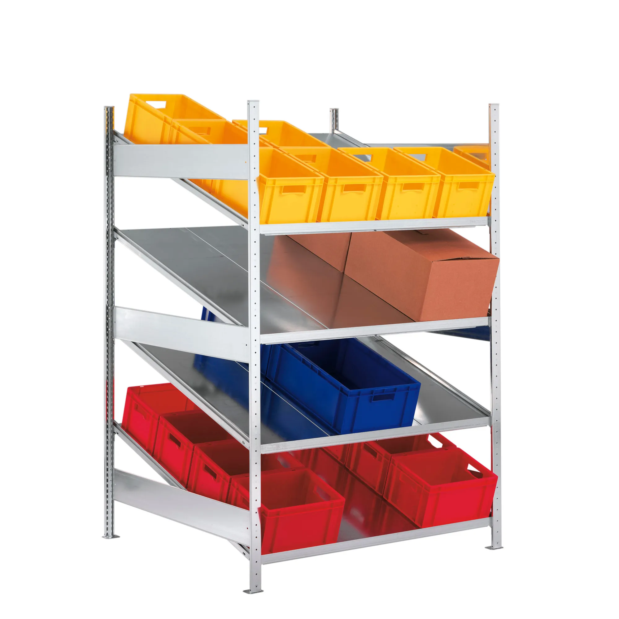 META CLIP S3, Schrägbodenregal, Grundregal, 2000 x 1300 x 1228 mm, Fachlast 80 kg, 4 Ebenen, verzinkt – mit Beispielbefüllung
