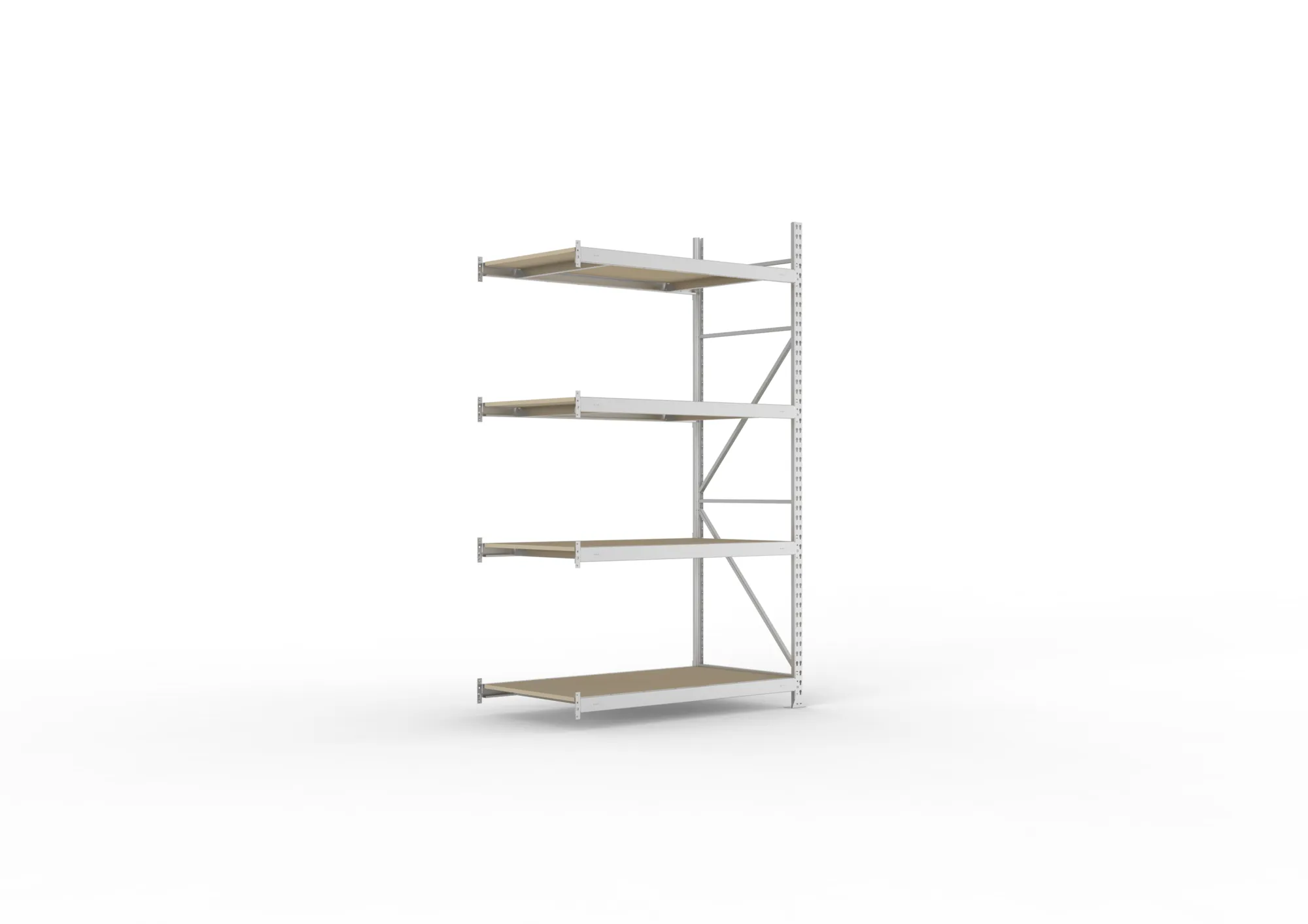 META MINI-RACK, Weitspannregal, Anbauregal, 2500 x 1400 x 800 mm, Fachlast 600 kg, Spanplattenböden, 4 Ebenen – Ansicht in Blickhöhe
