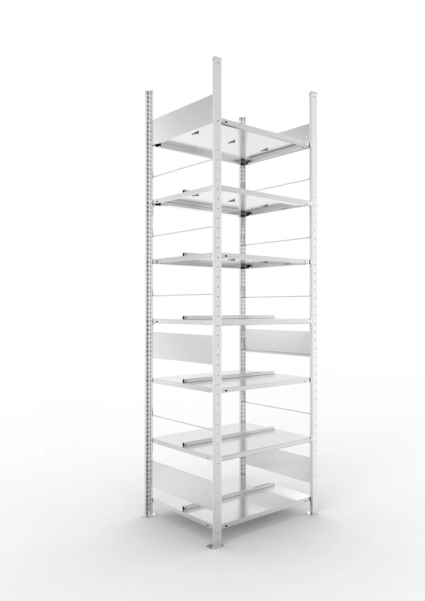 META CLIP COMPACT S3, Büro-Steckregal, Doppel-Grundregal, 2500 x 750 x 600 mm, Fachlast 100 kg, 7+0 Ebenen, Mittelanschlag, verzinkt – Ansicht in Blickhöhe