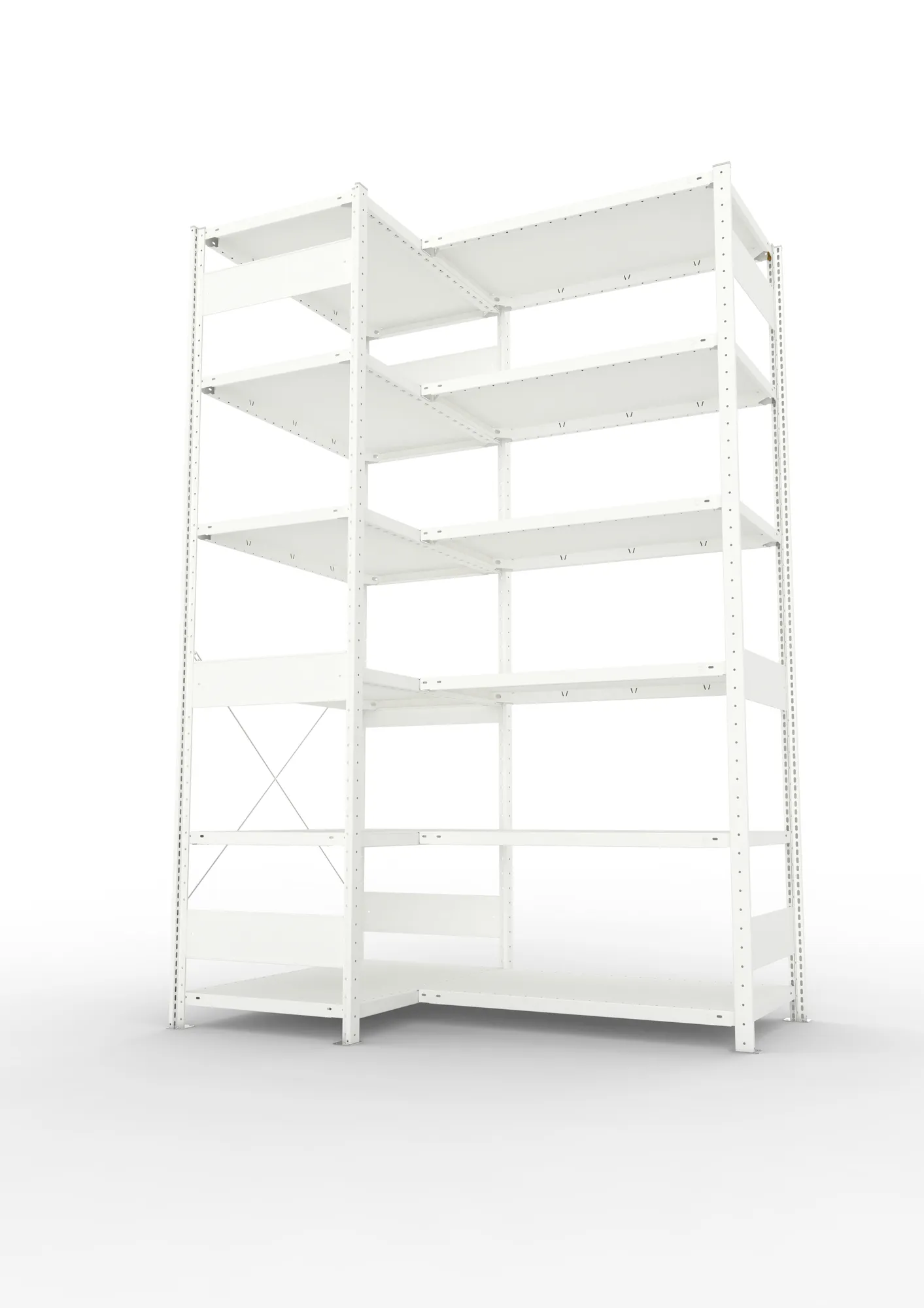 META CLIP, Eckregal, 2500 x 1000 x 600 mm, Fachlast 100 kg, 6 Ebenen, RAL 7035 – Seitenansicht