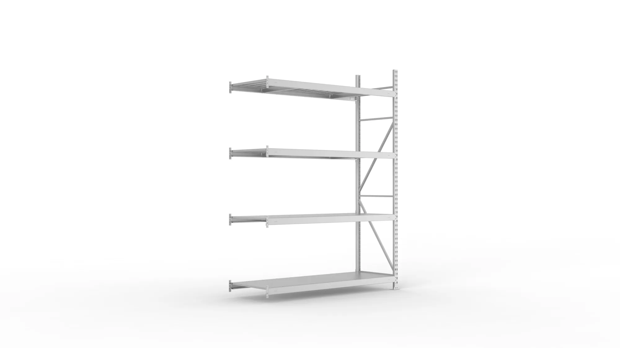 META MINI-RACK, Weitspannregal, Anbauregal, 2500 x 1800 x 650 mm, Fachlast 600 kg, Stahlpaneelböden, 4 Ebenen – Ansicht in Blickhöhe