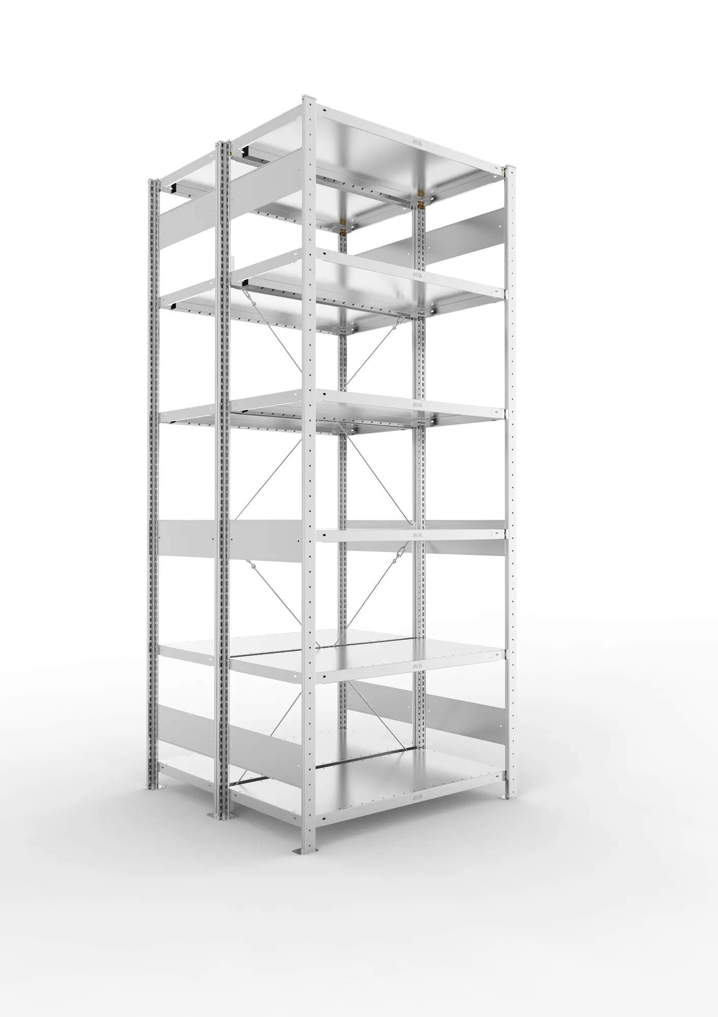 META CLIP, Fachbodenregal, Doppel-Grundregal, 2500 x 1000 x 500 mm, Fachlast 230 kg, 6 Ebenen, verzinkt – Ansicht in Blickhöhe