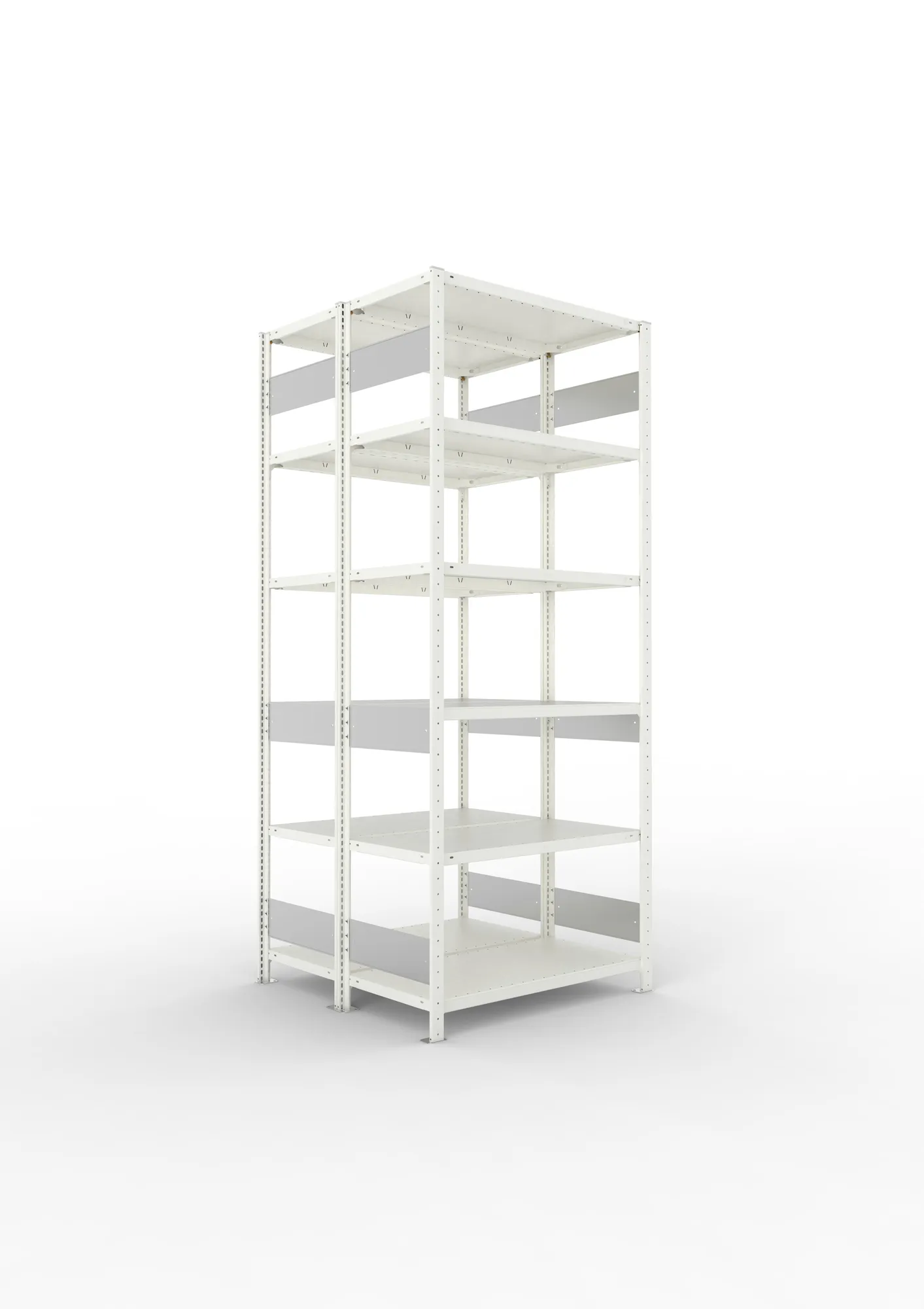META CLIP S3, Fachbodenregal, Doppel-Grundregal, 2500 x 1000 x 500 mm, Fachlast 150 kg, 6 Ebenen, Längsriegel, RAL 7035 – Ansicht in Blickhöhe