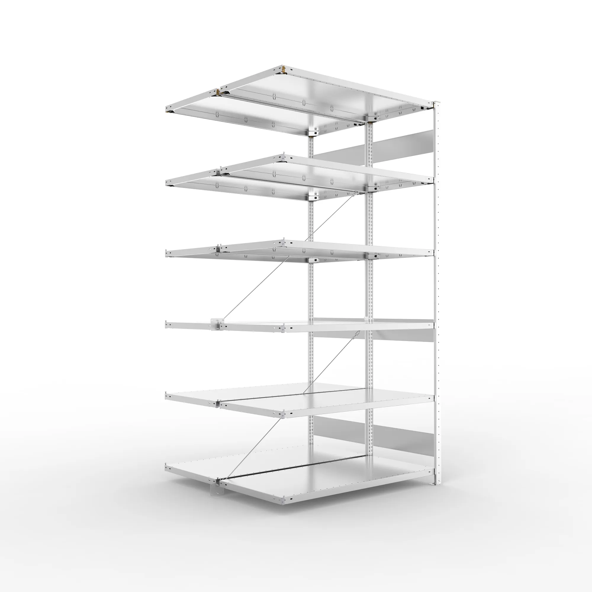 META CLIP S3, Fachbodenregal, Doppel-Anbauregal, 2500 x 1300 x 600 mm, Fachlast 230 kg, 6 Ebenen, verzinkt – Ansicht in Blickhöhe
