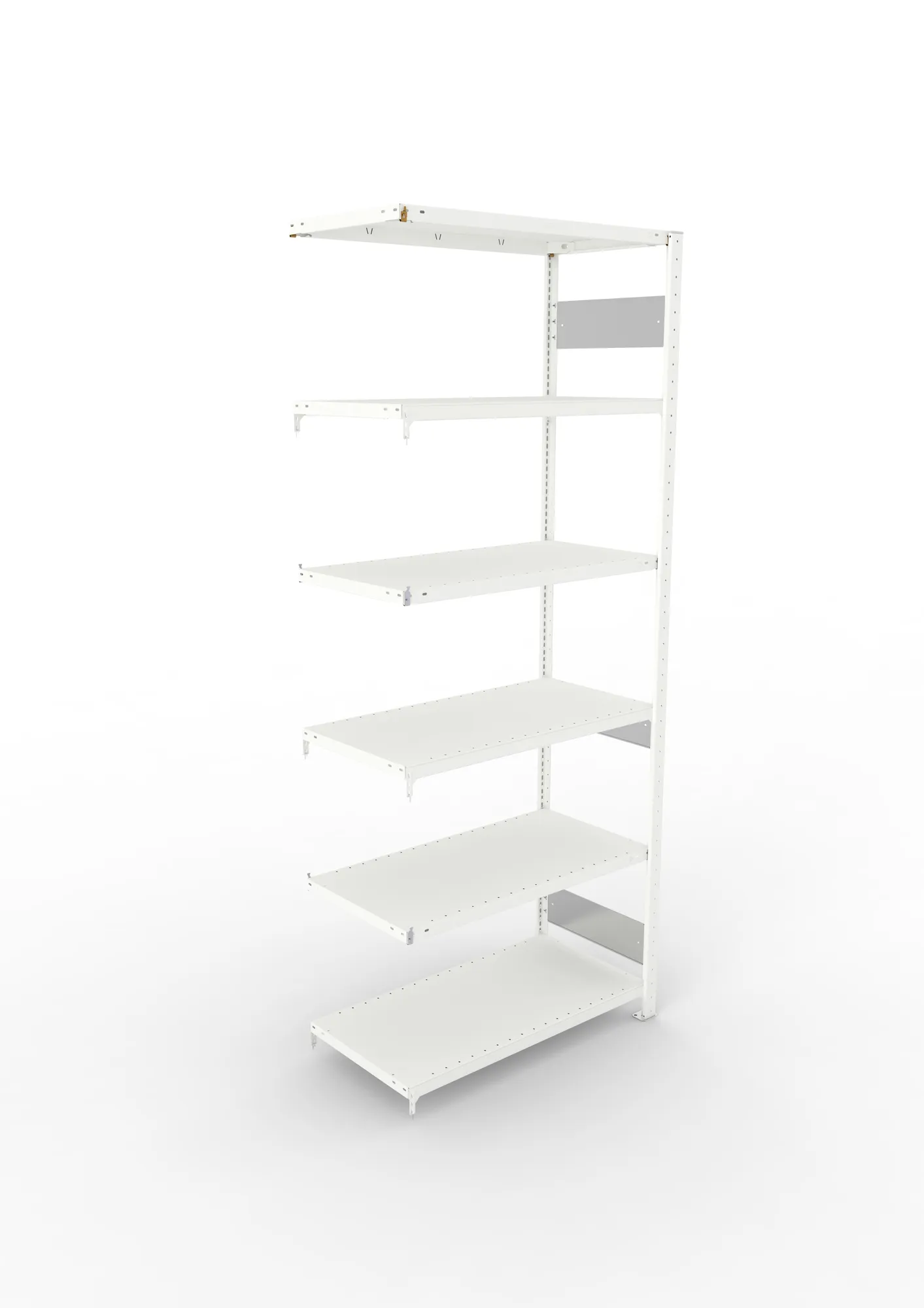 META CLIP S3, Fachbodenregal, Anbauregal, 2500 x 1000 x 500 mm, Fachlast 150 kg, 6 Ebenen, Längsriegel, RAL 7035 – Ansicht von oben