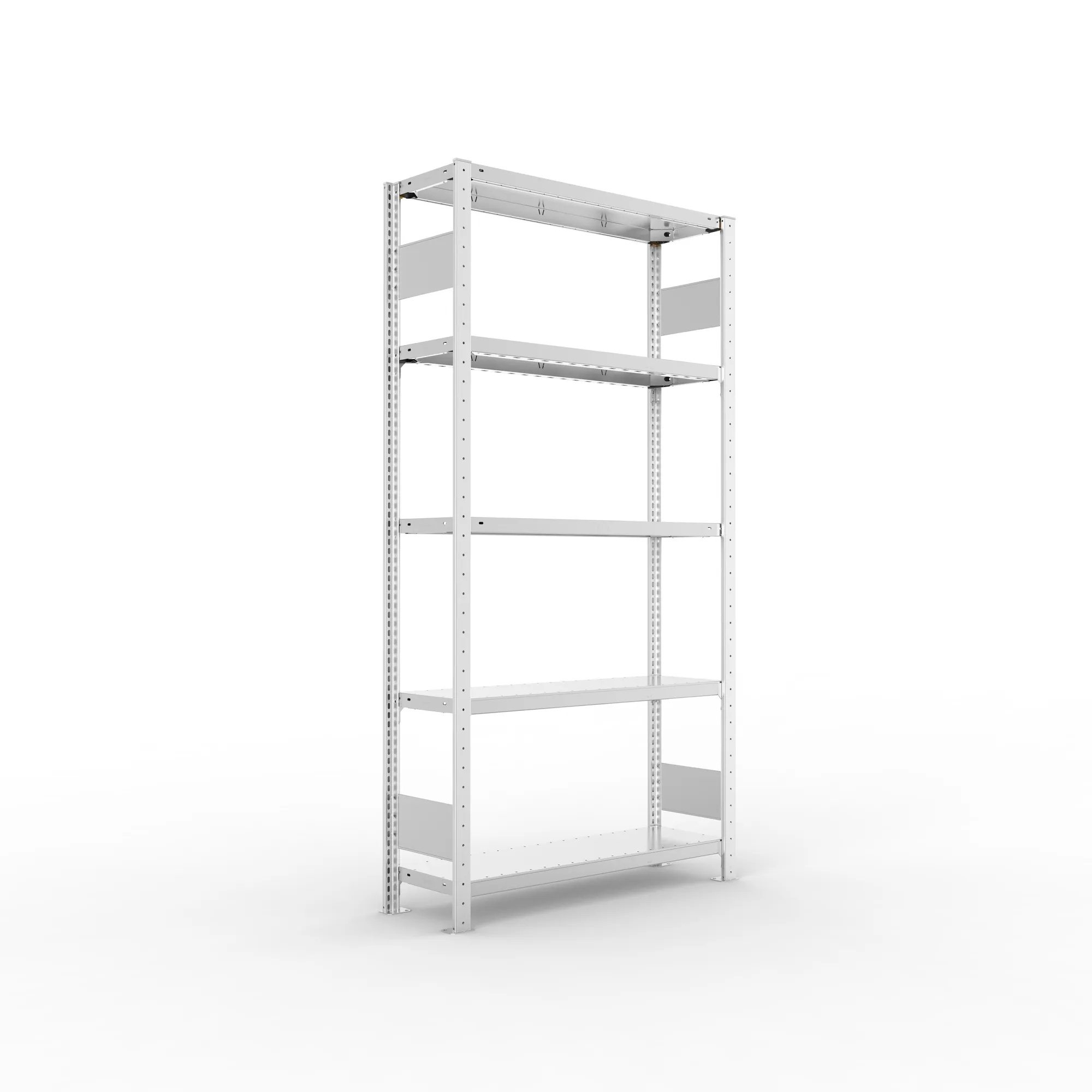 META CLIP S3, Fachbodenregal, Grundregal, 2000 x 1000 x 300 mm, Fachlast 230 kg, 5 Ebenen, Längsriegel, verzinkt – Ansicht in Blickhöhe