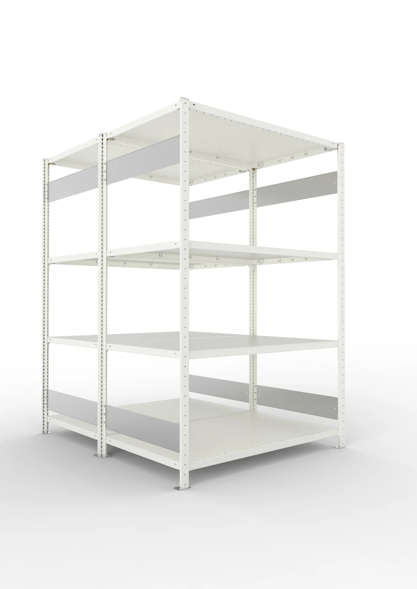 META CLIP S3, Fachbodenregal, Doppel-Grundregal, 2000 x 1300 x 800 mm, Fachlast 230 kg, 4 Ebenen, Längsriegel, RAL 7035 – Ansicht in Blickhöhe