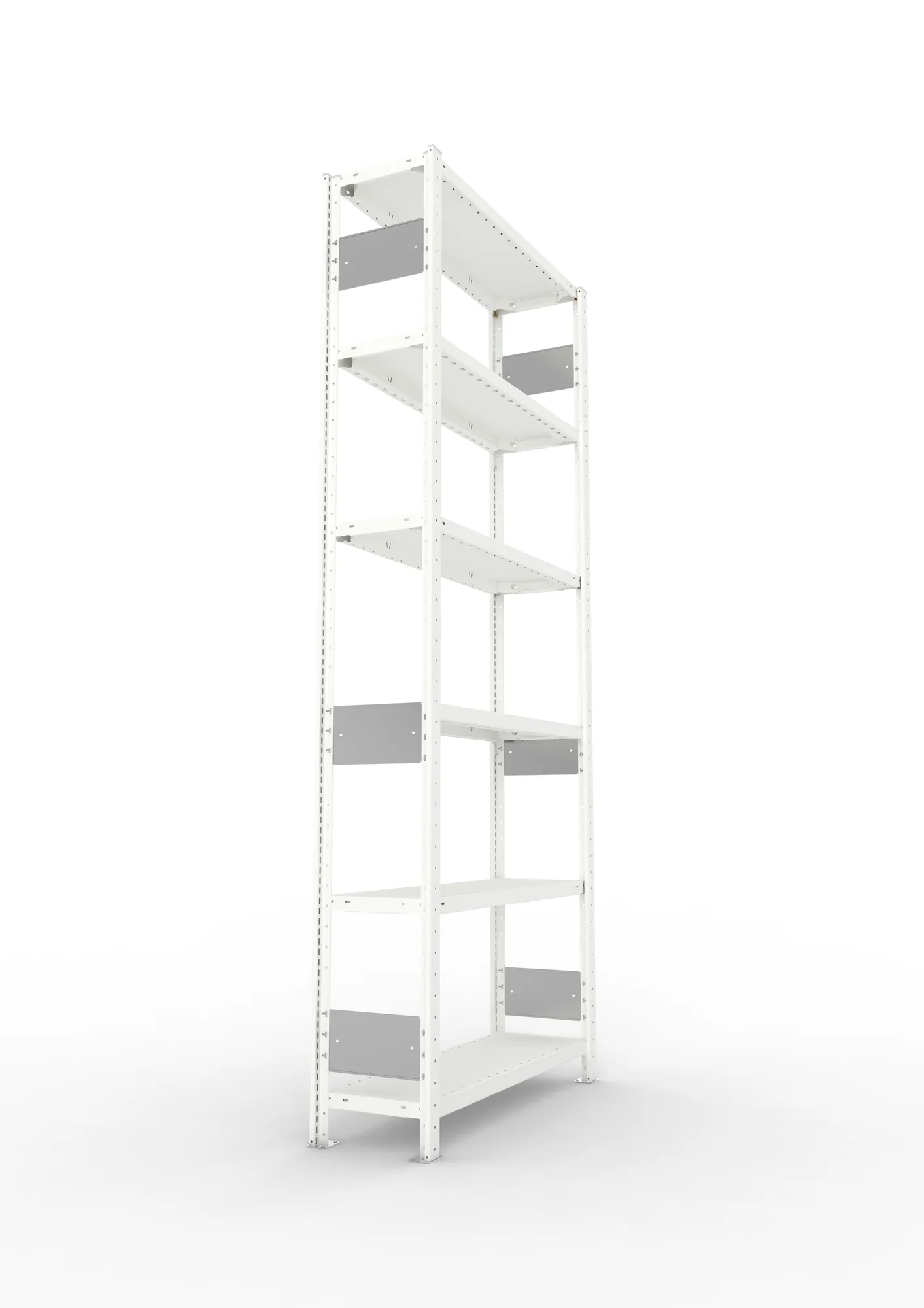 META CLIP S3, Fachbodenregal, Grundregal, 2500 x 1000 x 300 mm, Fachlast 150 kg, 6 Ebenen, Längsriegel, RAL 7035 – Seitenansicht