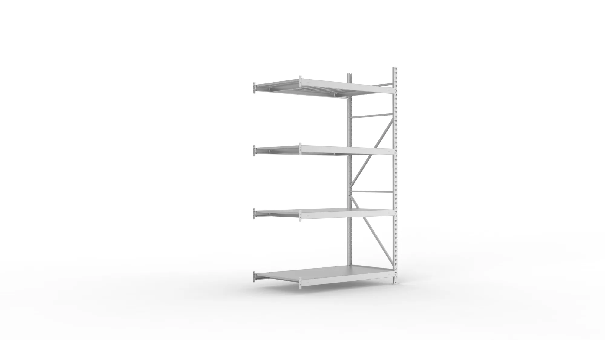 META MINI-RACK, Weitspannregal, Anbauregal, 2500 x 1400 x 800 mm, Fachlast 600 kg, Stahlpaneelböden, 4 Ebenen – Ansicht in Blickhöhe