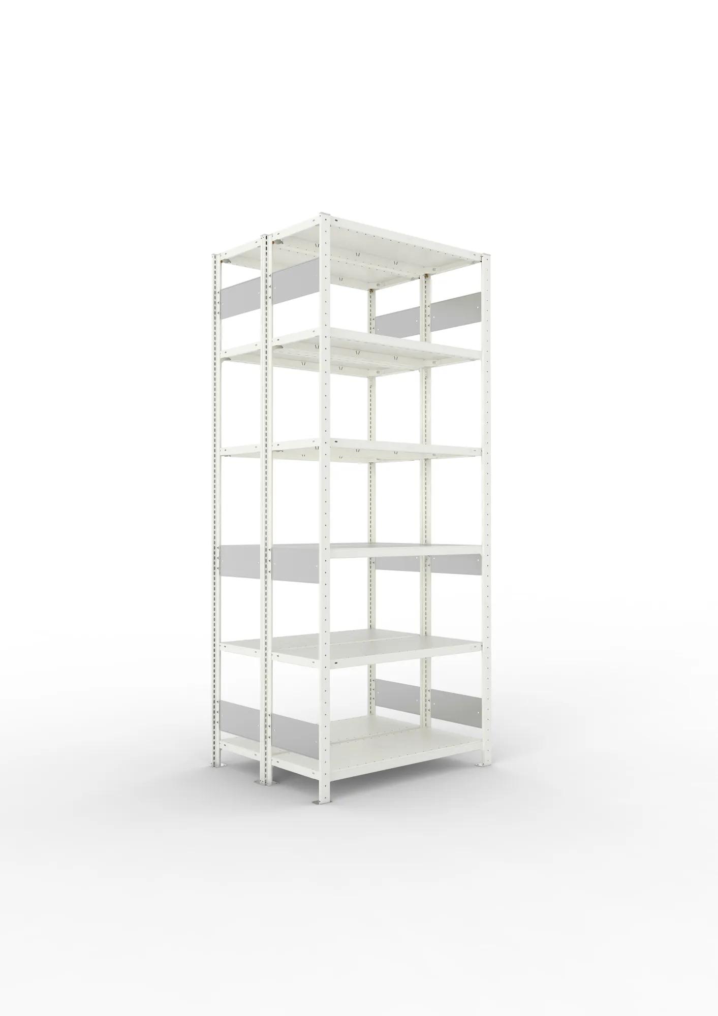 META CLIP S3, Fachbodenregal, Doppel-Grundregal, 2500 x 1000 x 400 mm, Fachlast 150 kg, 6 Ebenen, Längsriegel, RAL 7035 – Ansicht in Blickhöhe