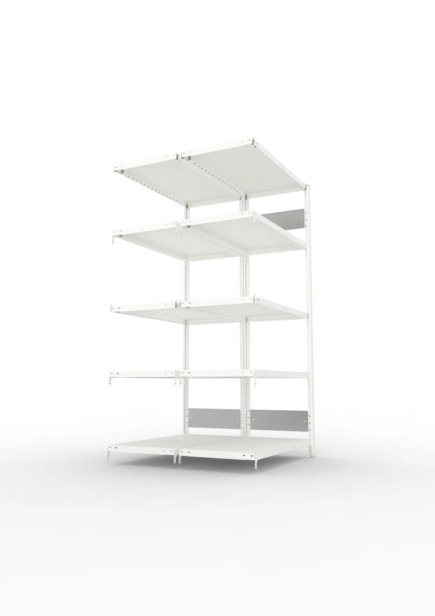 META CLIP S3, Fachbodenregal, Doppel-Anbauregal, 2000 x 1000 x 500 mm, Fachlast 230 kg, 5 Ebenen, Längsriegel, RAL 7035 – Seitenansicht