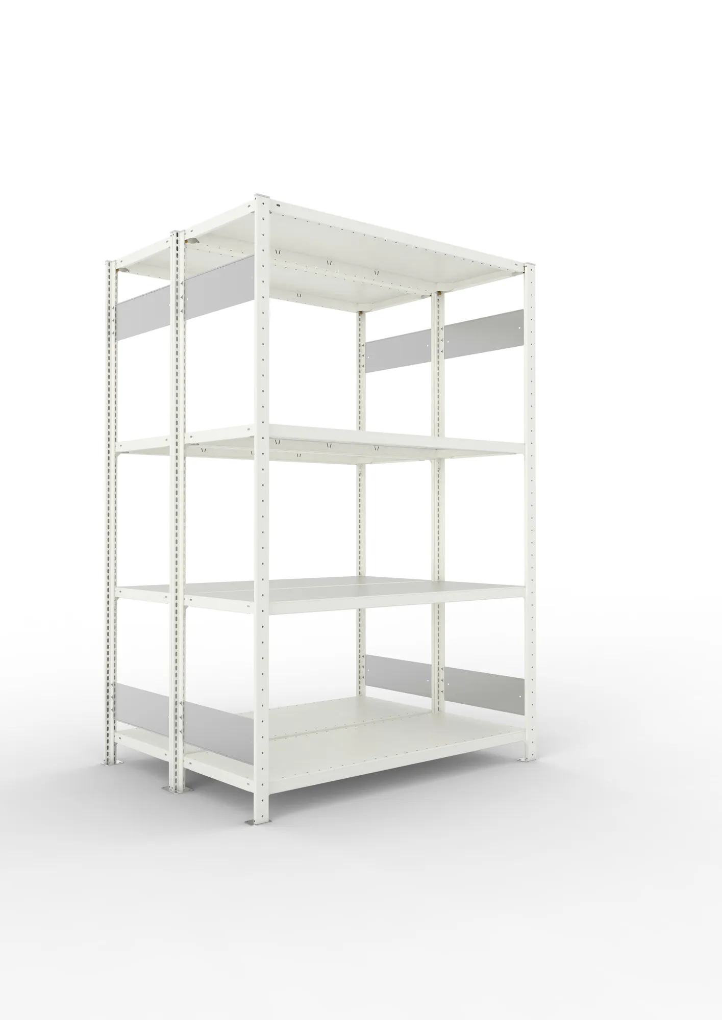 META CLIP S3, Fachbodenregal, Doppel-Grundregal, 2000 x 1300 x 500 mm, Fachlast 230 kg, 4 Ebenen, Längsriegel, RAL 7035 – Ansicht in Blickhöhe