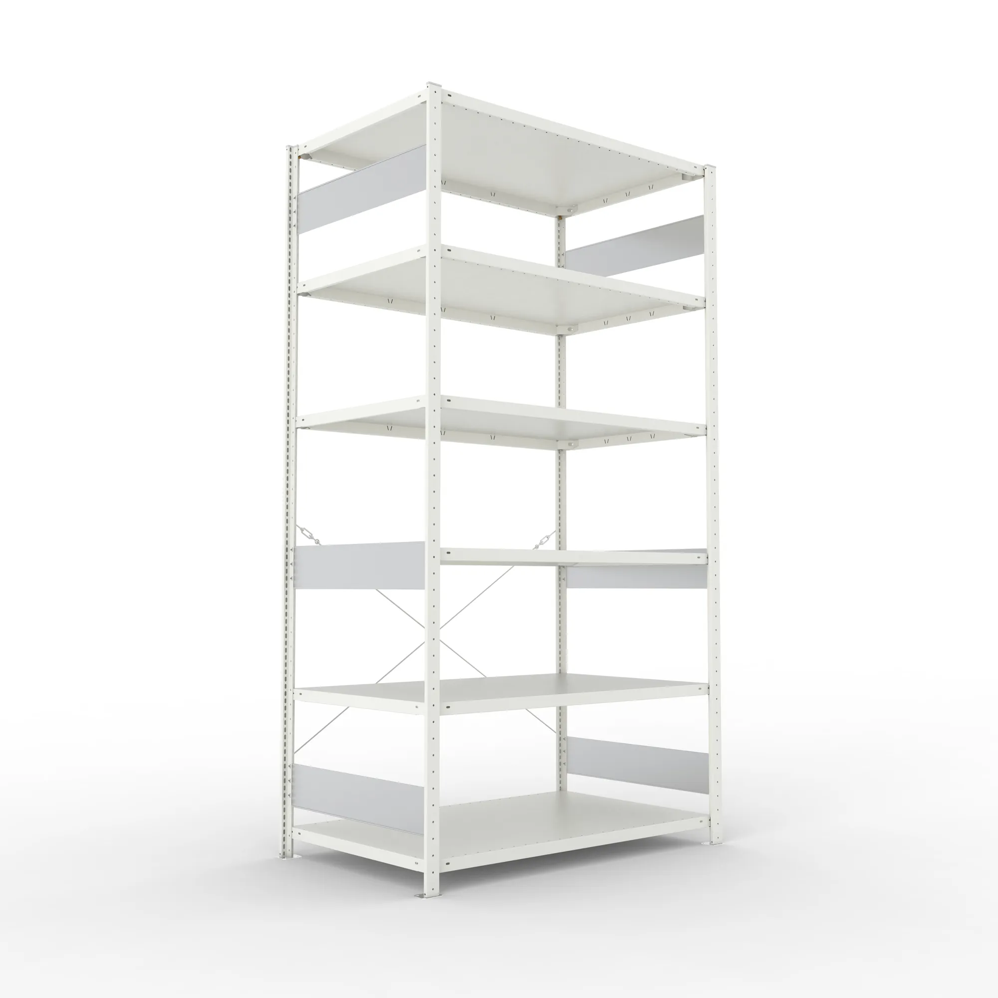 META CLIP S3, Fachbodenregal, Grundregal, 2500 x 1300 x 800 mm, Fachlast 230 kg, 6 Ebenen, RAL 7035 – Ansicht in Blickhöhe