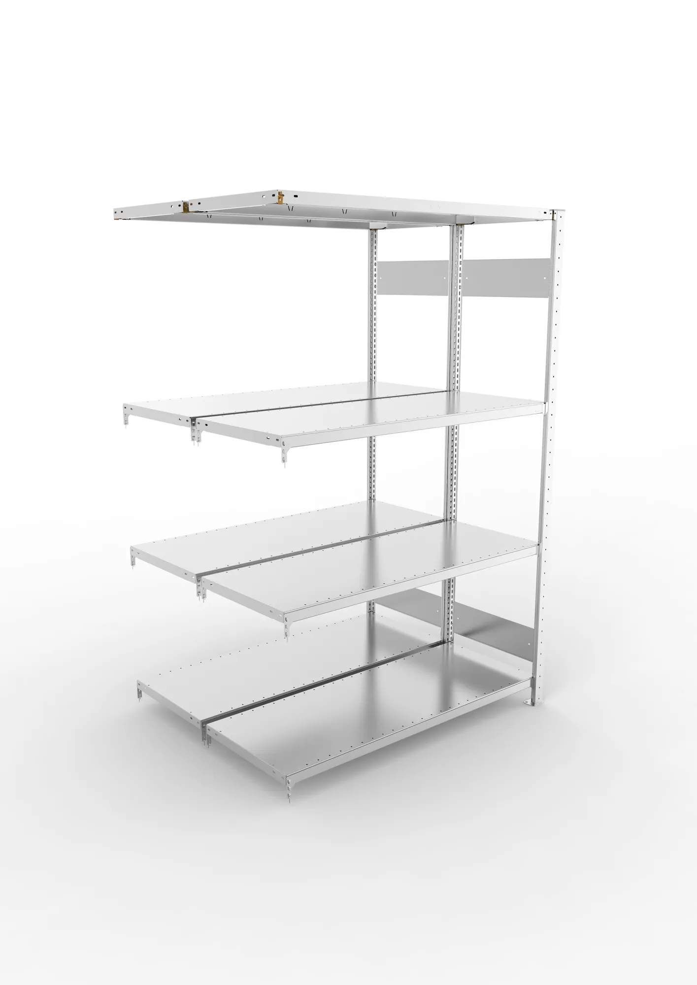 META CLIP S3, Fachbodenregal, Doppel-Anbauregal, 2000 x 1300 x 500 mm, Fachlast 230 kg, 4 Ebenen, Längsriegel, verzinkt – Ansicht von oben