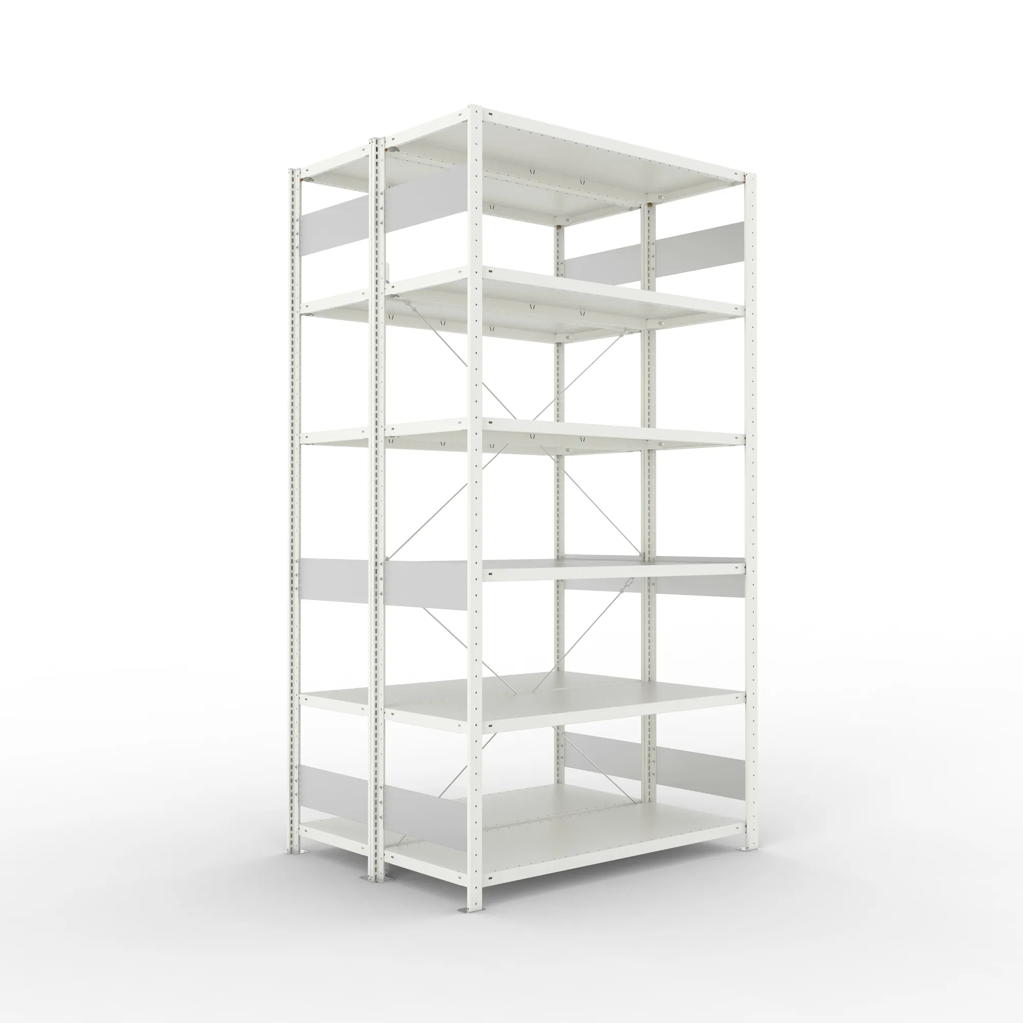 META CLIP S3, Fachbodenregal, Doppel-Grundregal, 2500 x 1300 x 500 mm, Fachlast 150 kg, 6 Ebenen, RAL 7035 – Ansicht in Blickhöhe