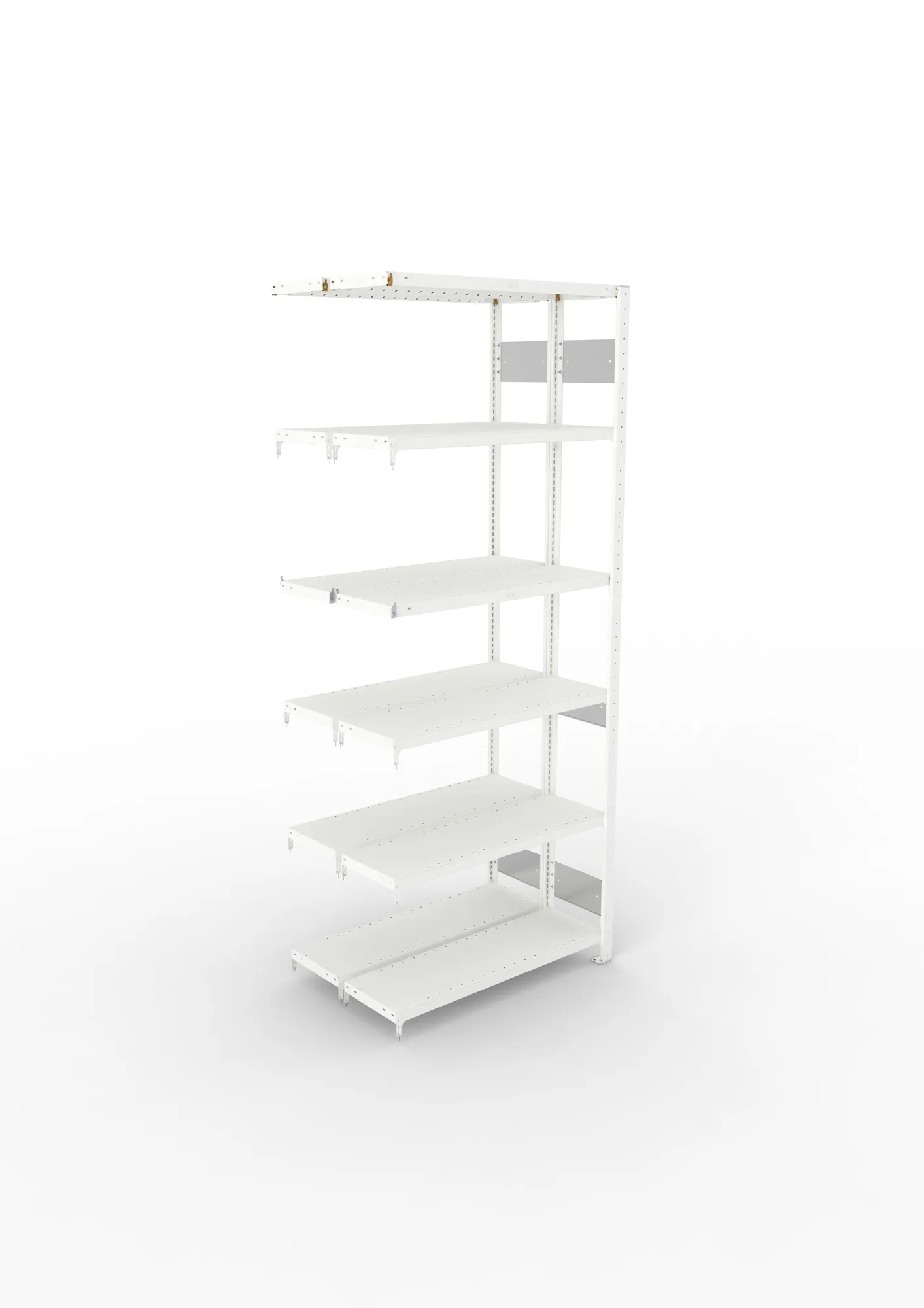 META CLIP S3, Fachbodenregal, Doppel-Anbauregal, 2500 x 1000 x 300 mm, Fachlast 230 kg, 6 Ebenen, Längsriegel, RAL 7035 – Ansicht von oben