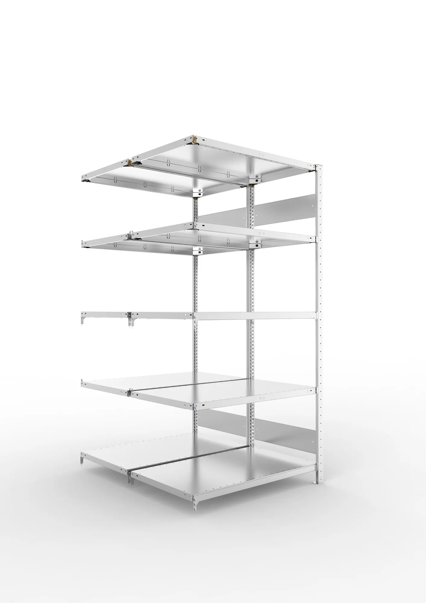 META CLIP S3, Fachbodenregal, Doppel-Anbauregal, 2000 x 1000 x 600 mm, Fachlast 150 kg, 5 Ebenen, Längsriegel, verzinkt – Ansicht in Blickhöhe