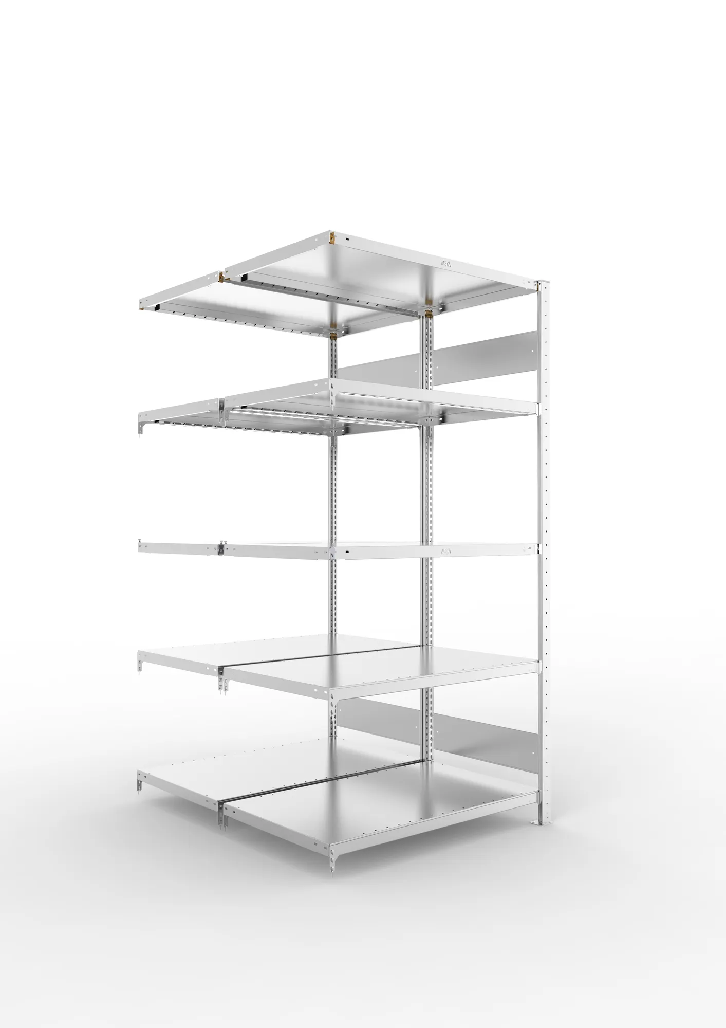 META CLIP S3, Fachbodenregal, Doppel-Anbauregal, 2000 x 1000 x 600 mm, Fachlast 230 kg, 5 Ebenen, Längsriegel, verzinkt – Ansicht in Blickhöhe