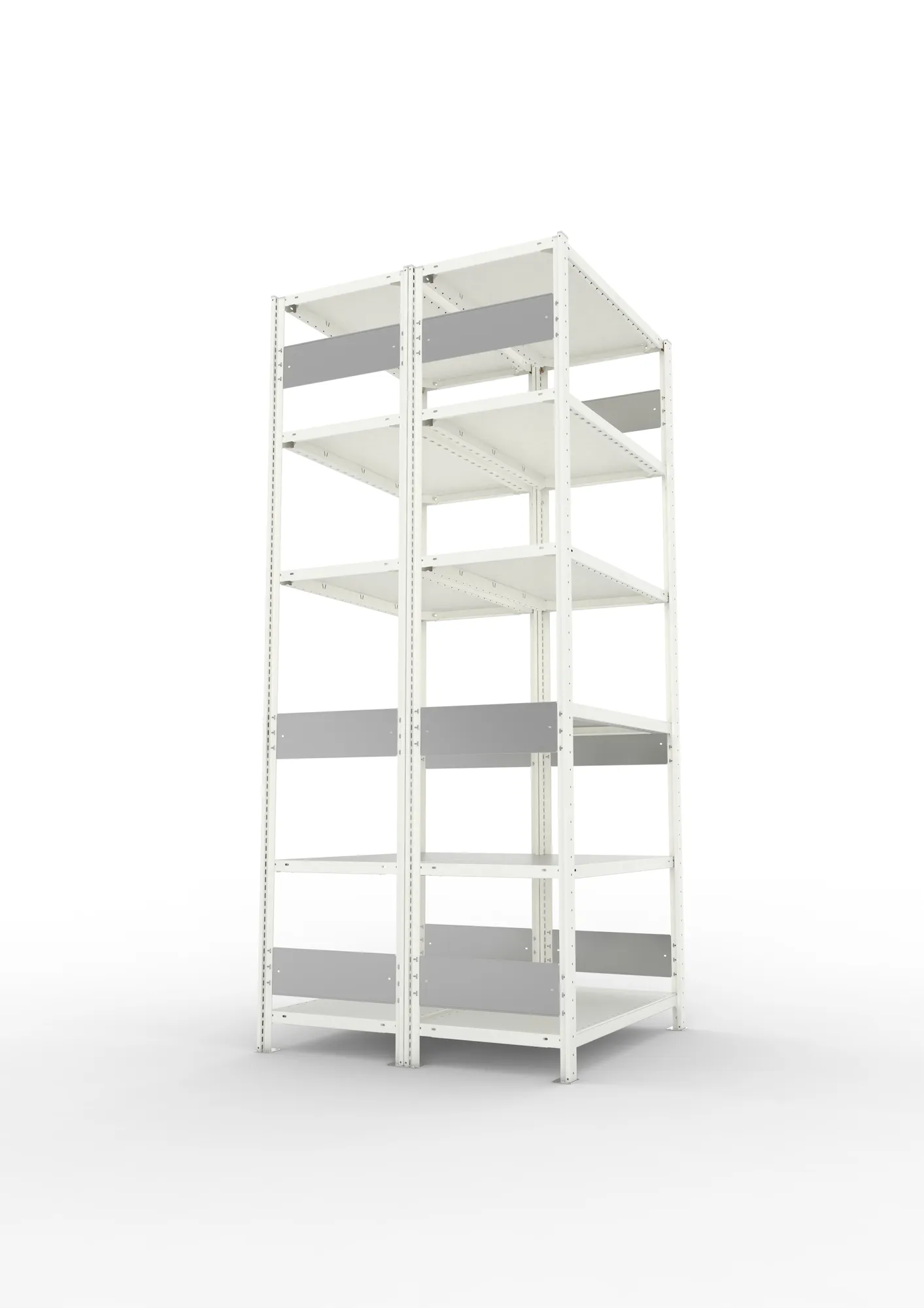 META CLIP S3, Fachbodenregal, Doppel-Grundregal, 2500 x 1000 x 500 mm, Fachlast 150 kg, 6 Ebenen, Längsriegel, RAL 7035 – Seitenansicht