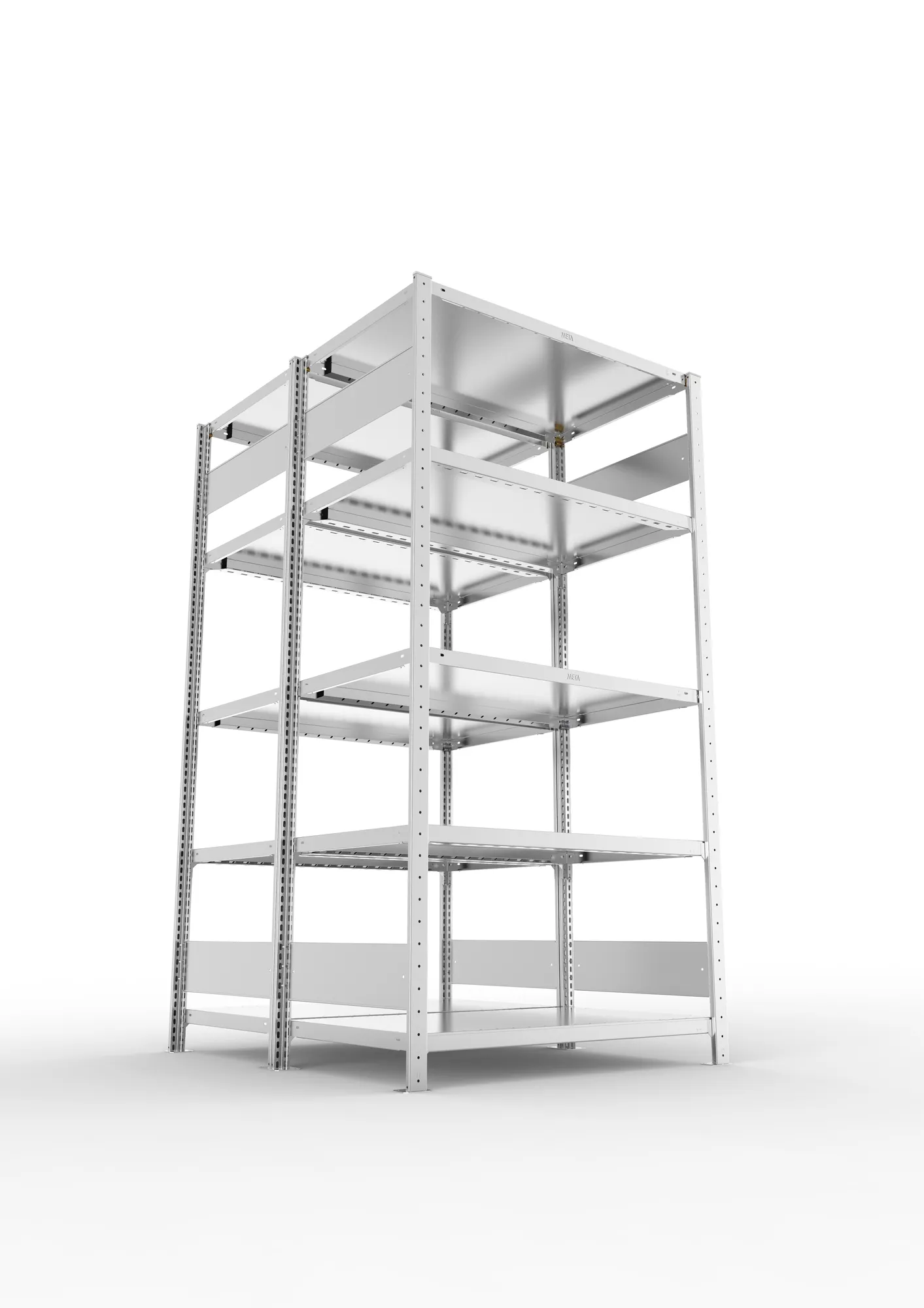 META CLIP S3, Fachbodenregal, Doppel-Grundregal, 2000 x 1000 x 600 mm, Fachlast 230 kg, 5 Ebenen, Längsriegel, verzinkt – Ansicht von unten