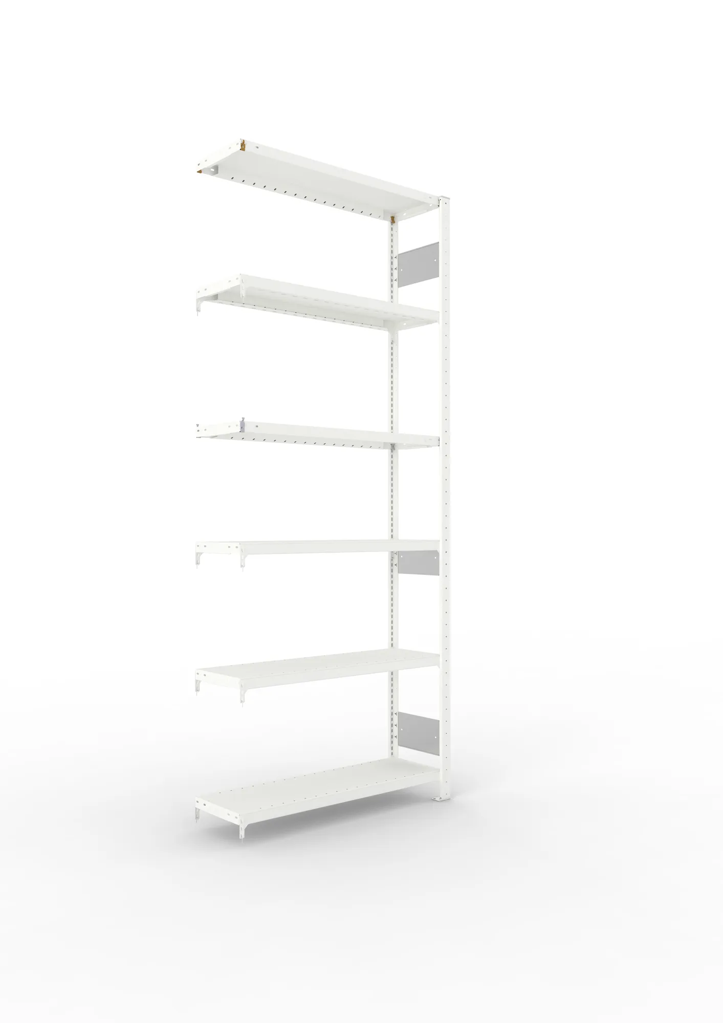 META CLIP S3, Fachbodenregal, Anbauregal, 2500 x 1000 x 300 mm, Fachlast 230 kg, 6 Ebenen, Längsriegel, RAL 7035 – Ansicht in Blickhöhe