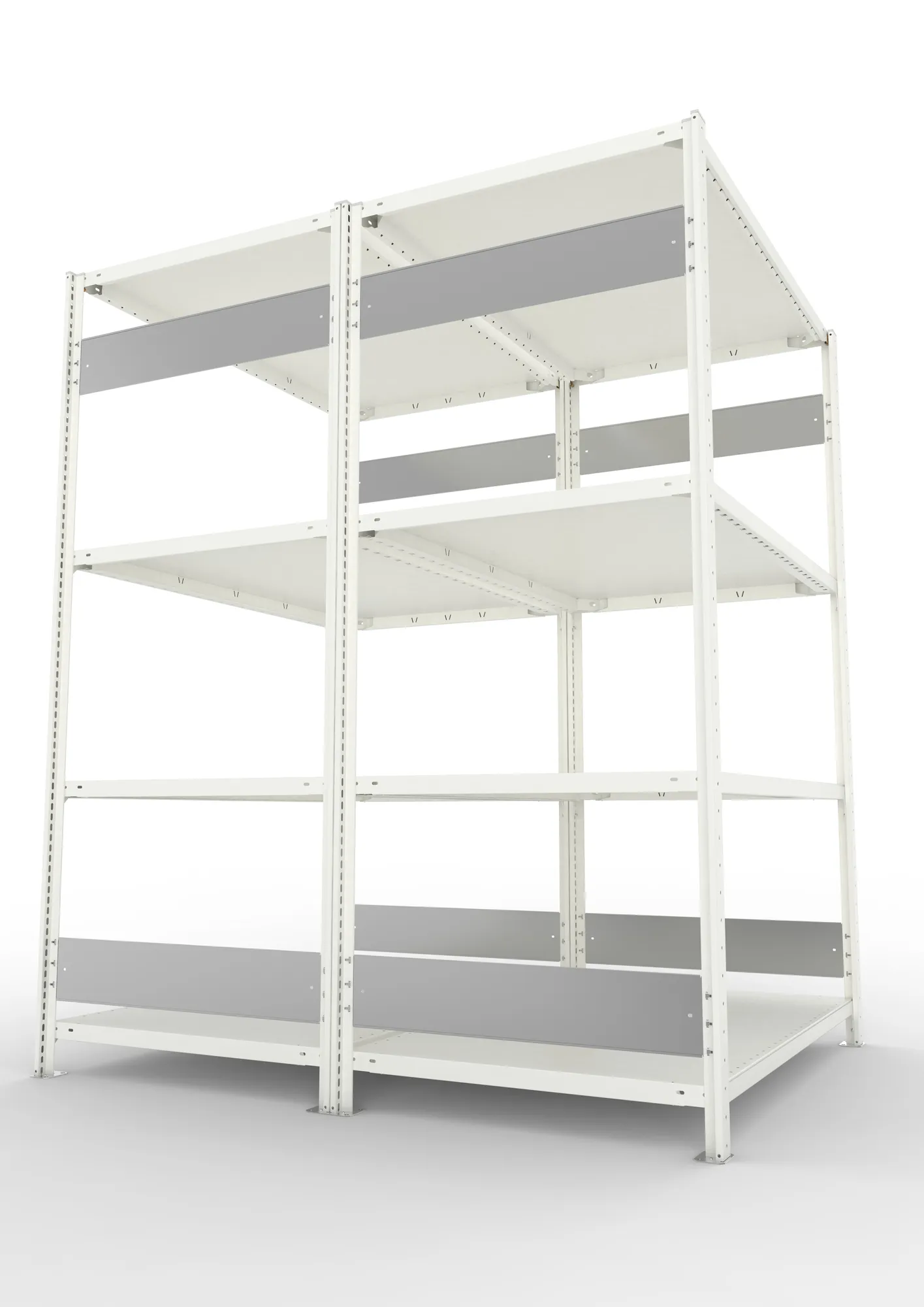 META CLIP S3, Fachbodenregal, Doppel-Grundregal, 2000 x 1300 x 800 mm, Fachlast 230 kg, 4 Ebenen, Längsriegel, RAL 7035 – Seitenansicht