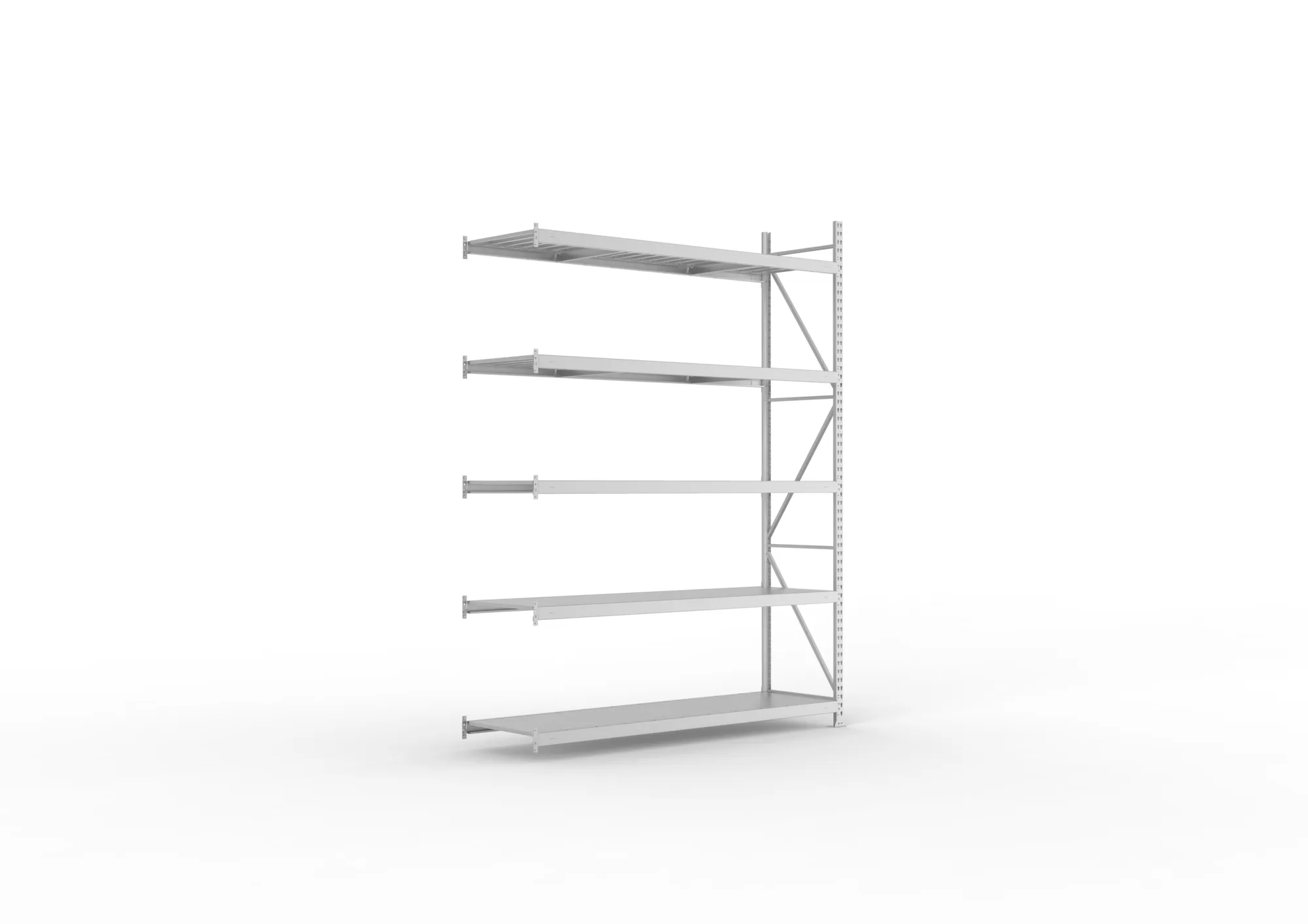 META MINI-RACK, Weitspannregal, Anbauregal, 3000 x 2200 x 650 mm, Fachlast 600 kg, Stahlpaneelböden, 5 Ebenen – Ansicht in Blickhöhe