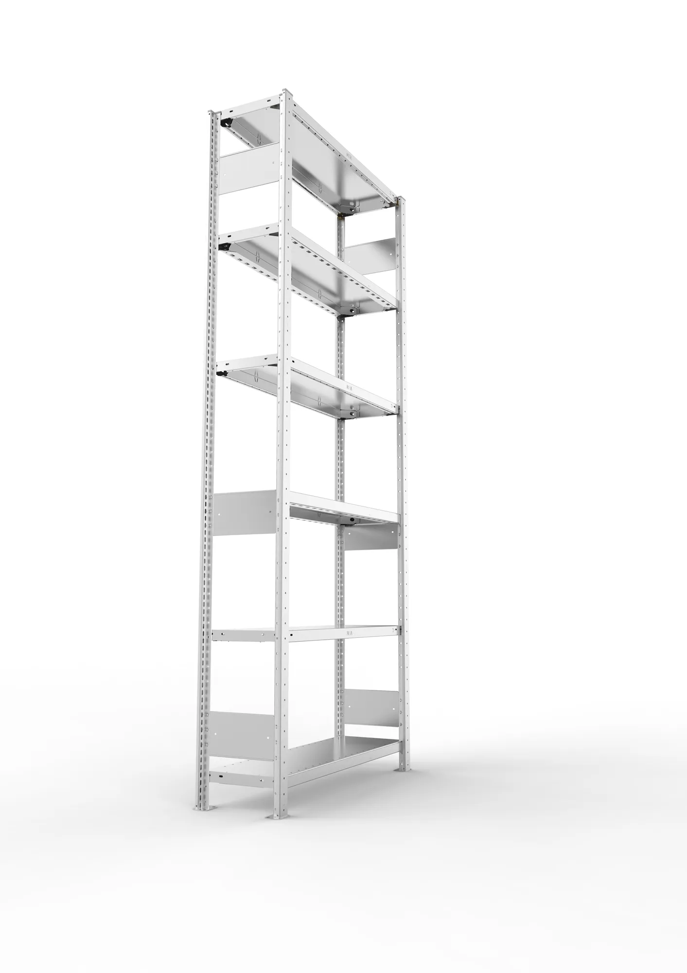 META CLIP S3, Fachbodenregal, Grundregal, 2500 x 1000 x 300 mm, Fachlast 150 kg, 6 Ebenen, Längsriegel, verzinkt – Seitenansicht
