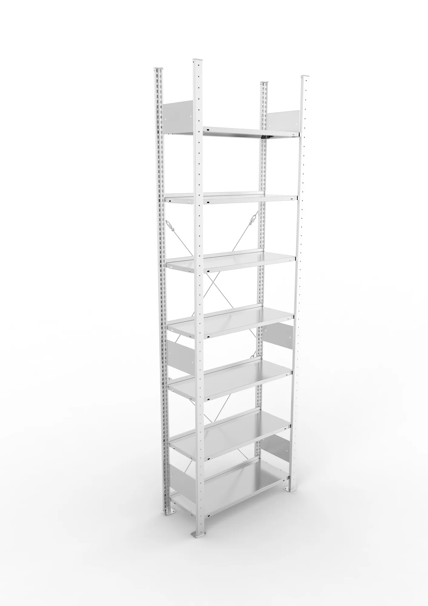 META CLIP COMPACT S3, Büro-Steckregal, Grundregal, 2500 x 750 x 300 mm, Fachlast 80 kg, 7+0 Ebenen, Endanschlag, verzinkt – Ansicht von oben