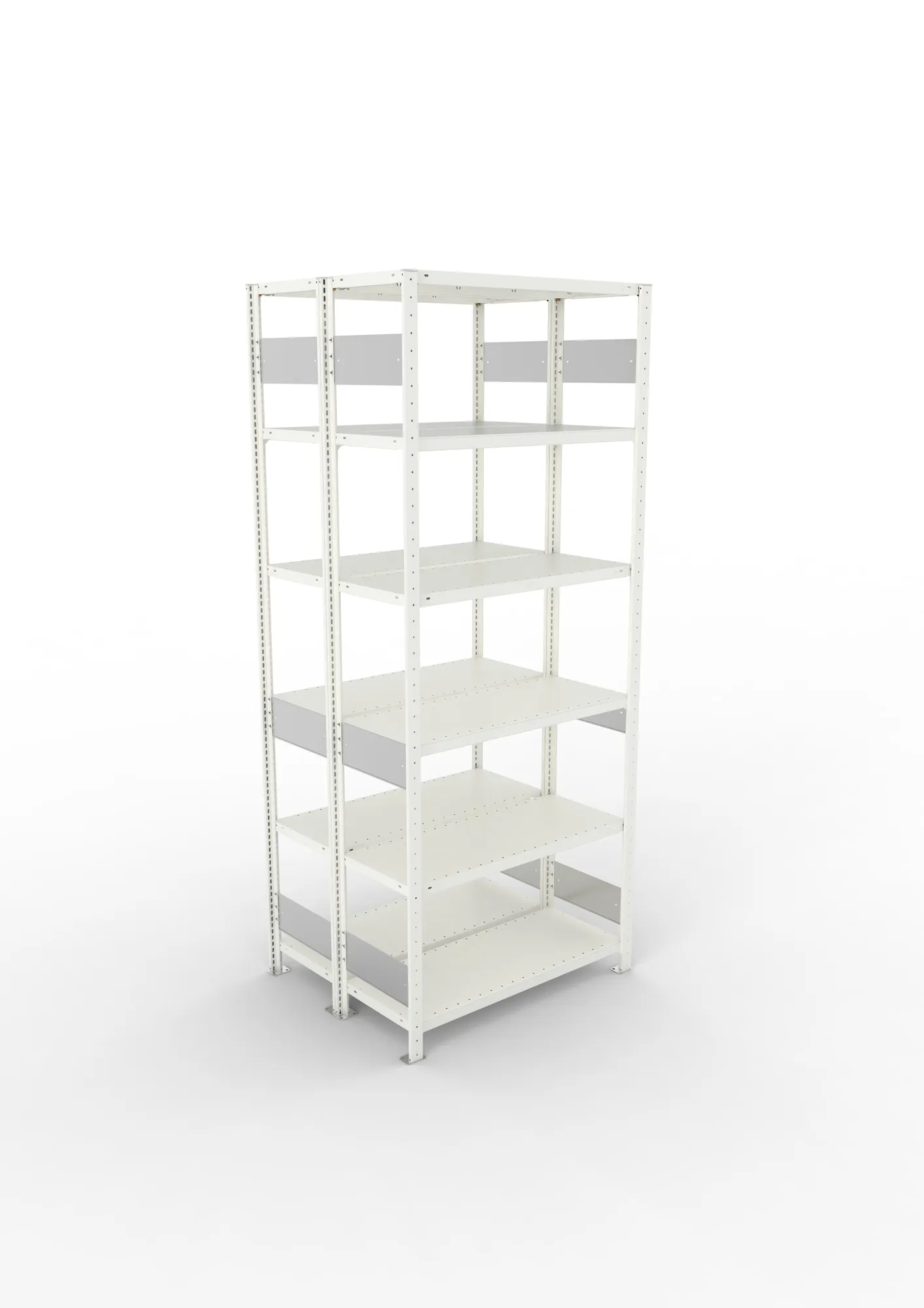 META CLIP S3, Fachbodenregal, Doppel-Grundregal, 2500 x 1000 x 400 mm, Fachlast 150 kg, 6 Ebenen, Längsriegel, RAL 7035 – Ansicht von oben