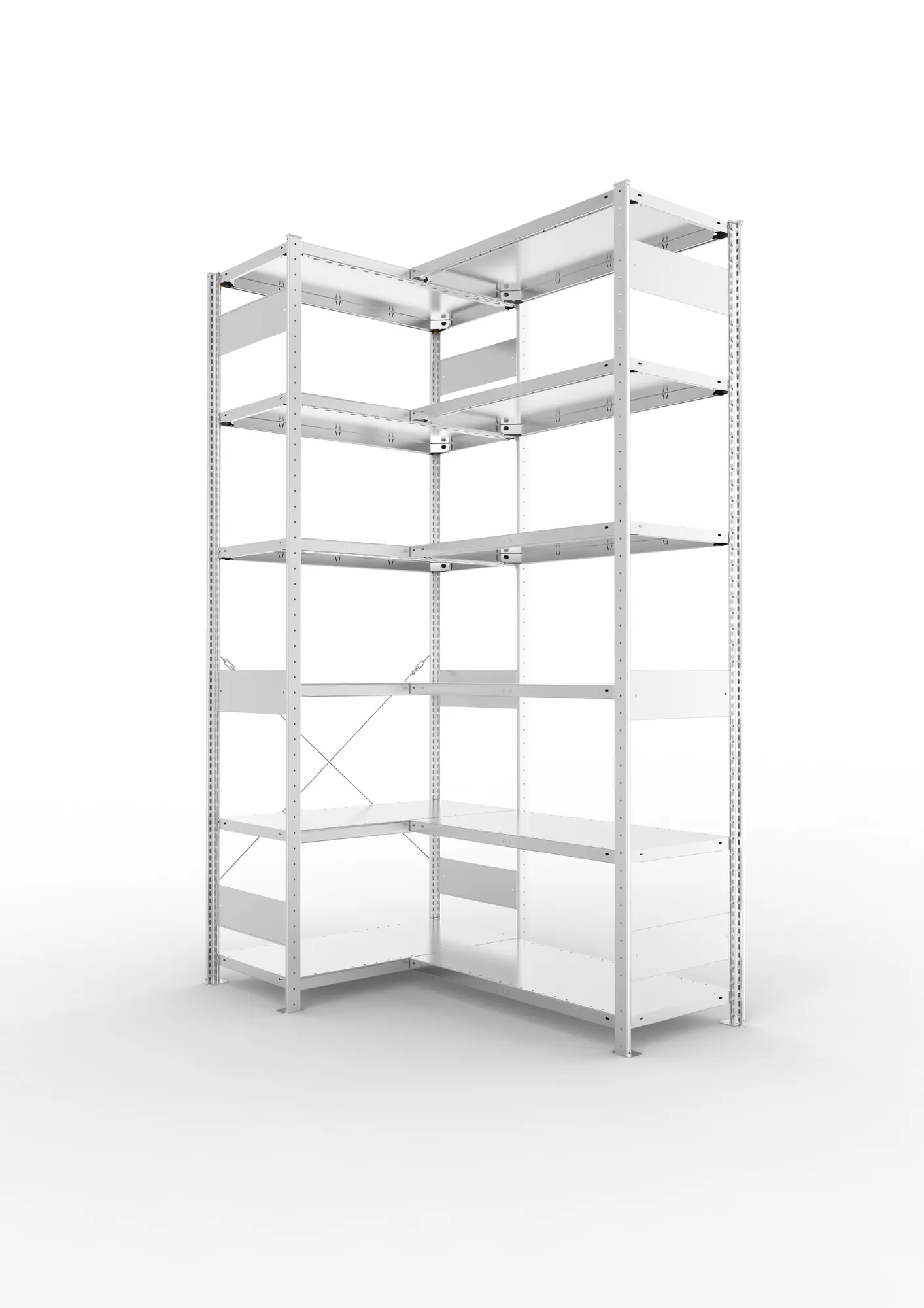 META CLIP, Eckregal, 2500 x 1000 x 500 mm, Fachlast 100 kg, 6 Ebenen, verzinkt – Ansicht in Blickhöhe