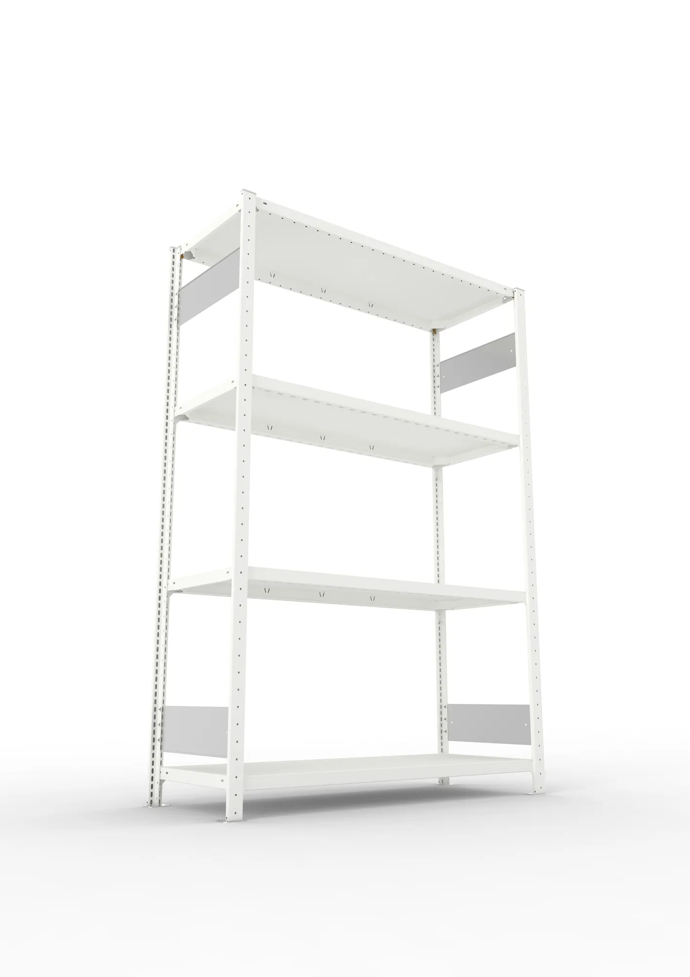 META CLIP S3, Fachbodenregal, Grundregal, 2000 x 1300 x 500 mm, Fachlast 230 kg, 4 Ebenen, Längsriegel, RAL 7035 – Ansicht von unten