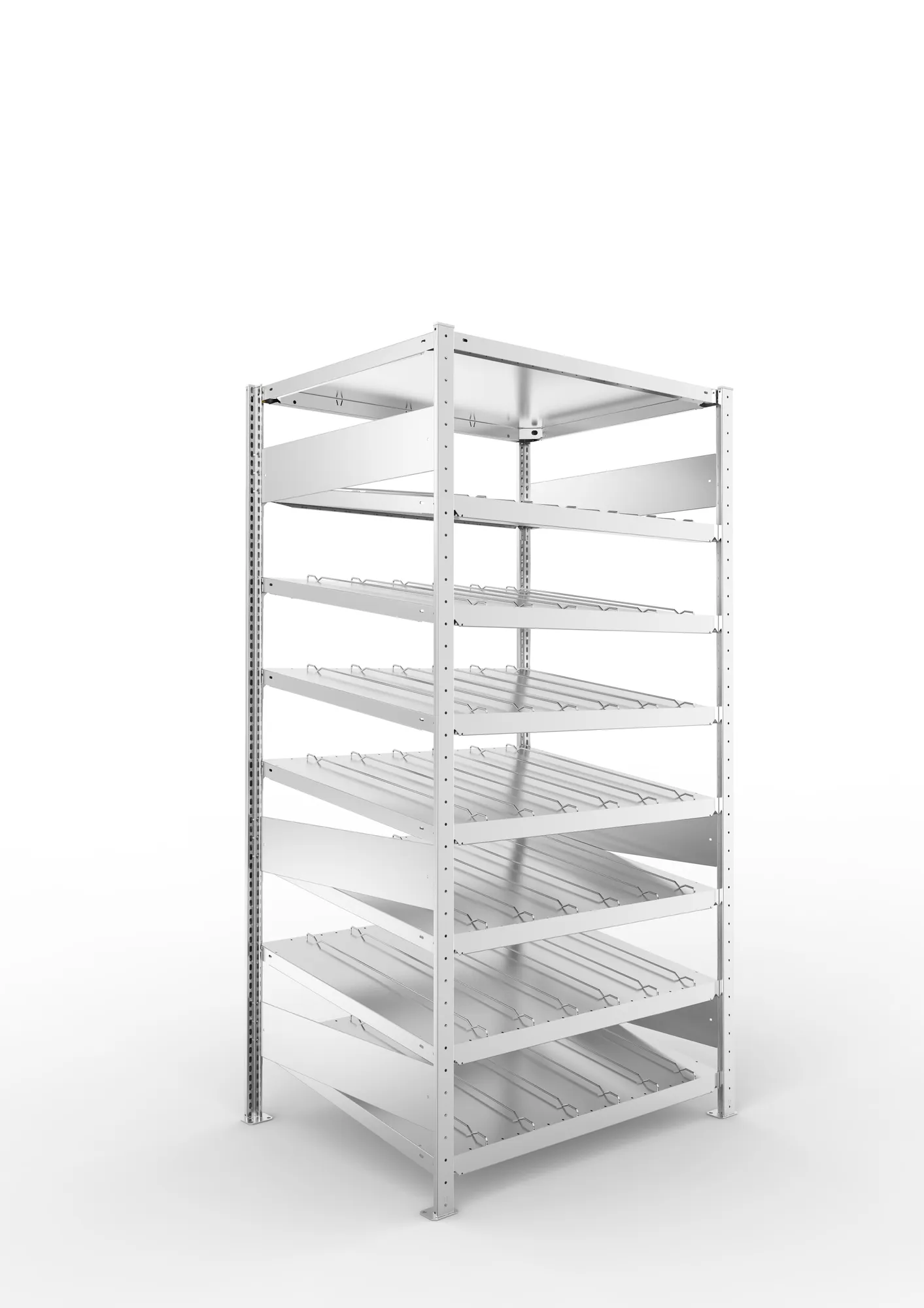 META CLIP S3, Schrägbodenregal, Grundregal, 2000 x 1000 x 800 mm, Fachlast 230 kg, 8 Ebenen, verzinkt – Ansicht in Blickhöhe