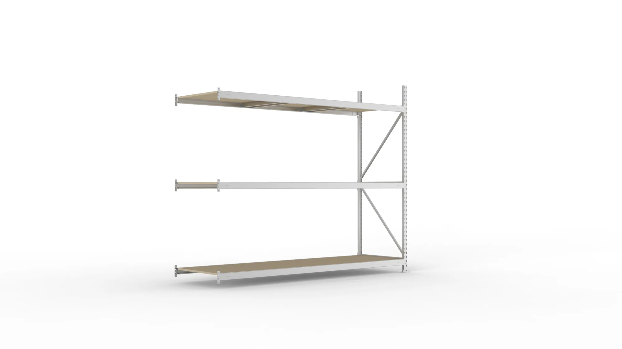 META MINI-RACK, Weitspannregal, Anbauregal, 2200 x 2600 x 800 mm, Fachlast 490 kg, Spanplattenböden, 3 Ebenen – Ansicht in Blickhöhe