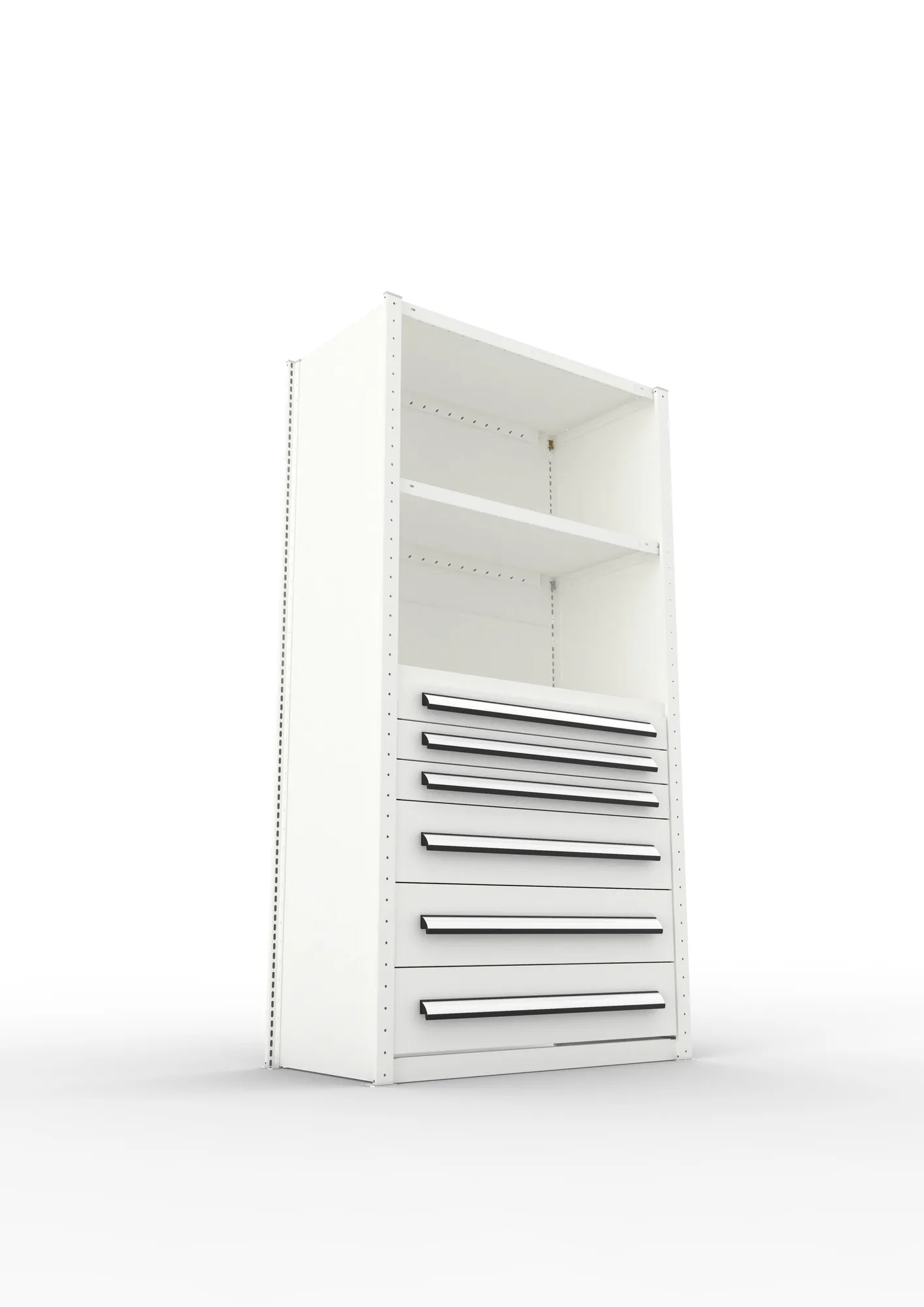 META CLIP, Schrankmodul, Grundregal, Variante 4, 2000 x 1000 x 500 mm, Schubladen untere Hälfte, RAL 7035 – Ansicht von unten