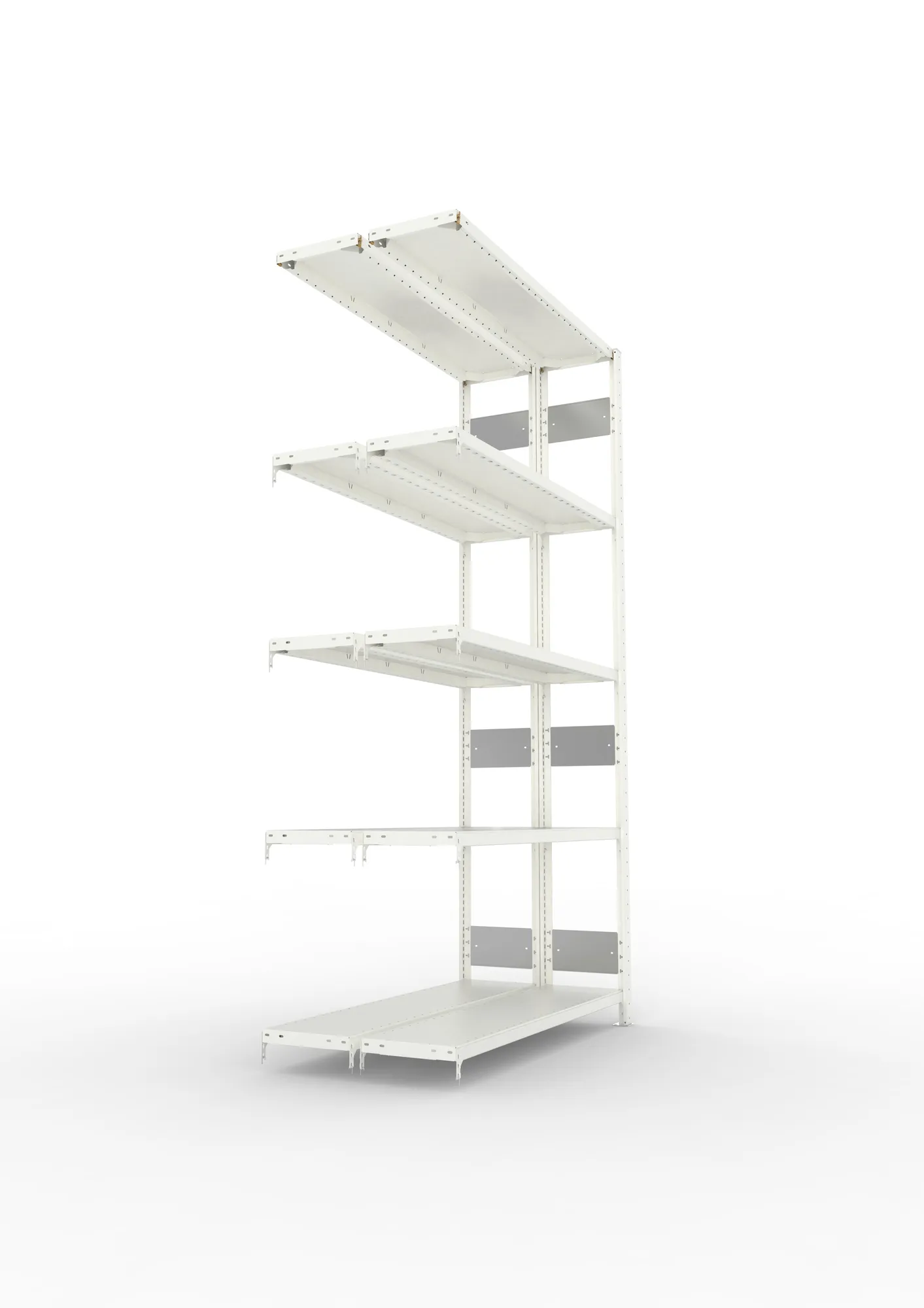 META CLIP S3, Fachbodenregal, Doppel-Anbauregal, 2500 x 1300 x 300 mm, Fachlast 230 kg, 5 Ebenen, Längsriegel, RAL 7035 – Seitenansicht