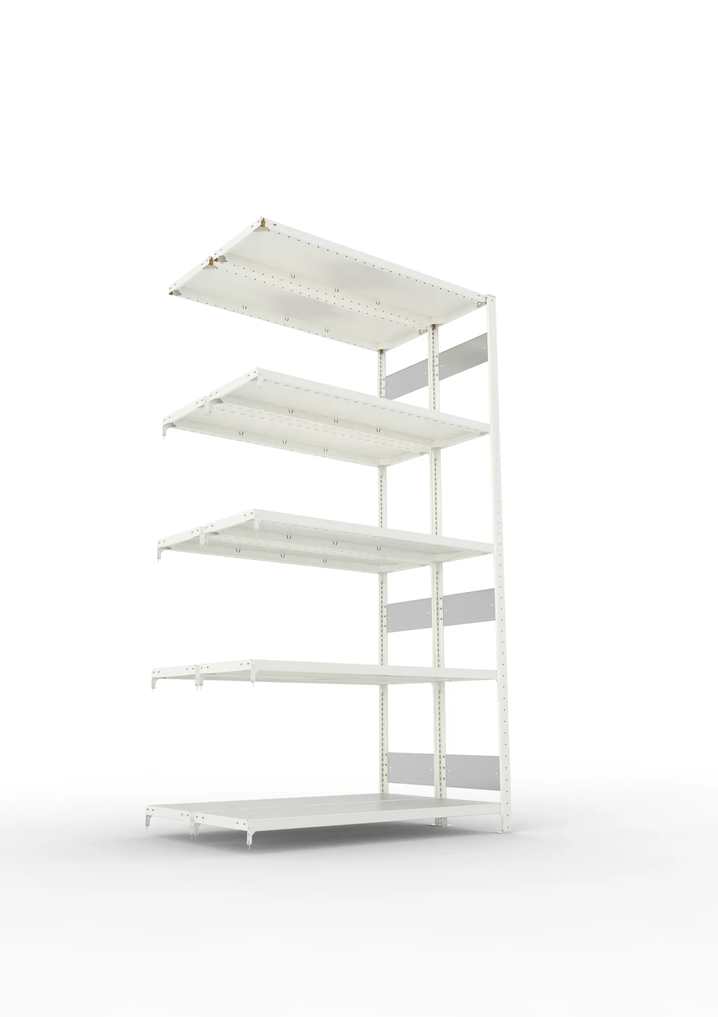 META CLIP S3, Fachbodenregal, Doppel-Anbauregal, 2500 x 1300 x 400 mm, Fachlast 230 kg, 5 Ebenen, Längsriegel, RAL 7035 – Ansicht von unten