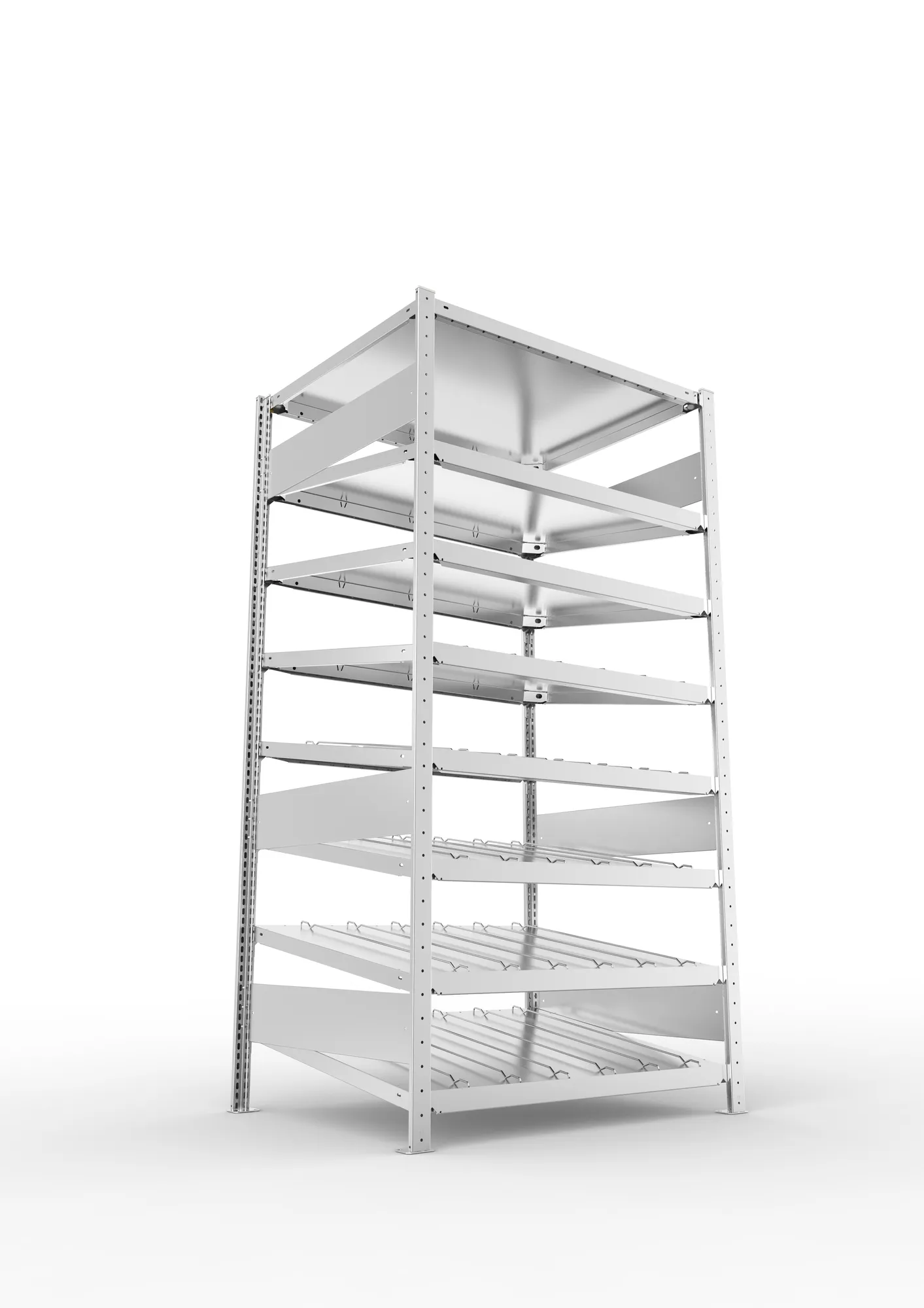 META CLIP S3, Schrägbodenregal, Grundregal, 2000 x 1000 x 800 mm, Fachlast 230 kg, 8 Ebenen, verzinkt – Ansicht von unten