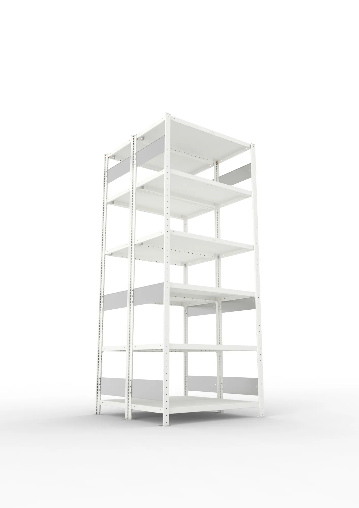 META CLIP S3, Fachbodenregal, Doppel-Grundregal, 2500 x 1000 x 500 mm, Fachlast 230 kg, 6 Ebenen, Längsriegel, RAL 7035 – Ansicht von unten