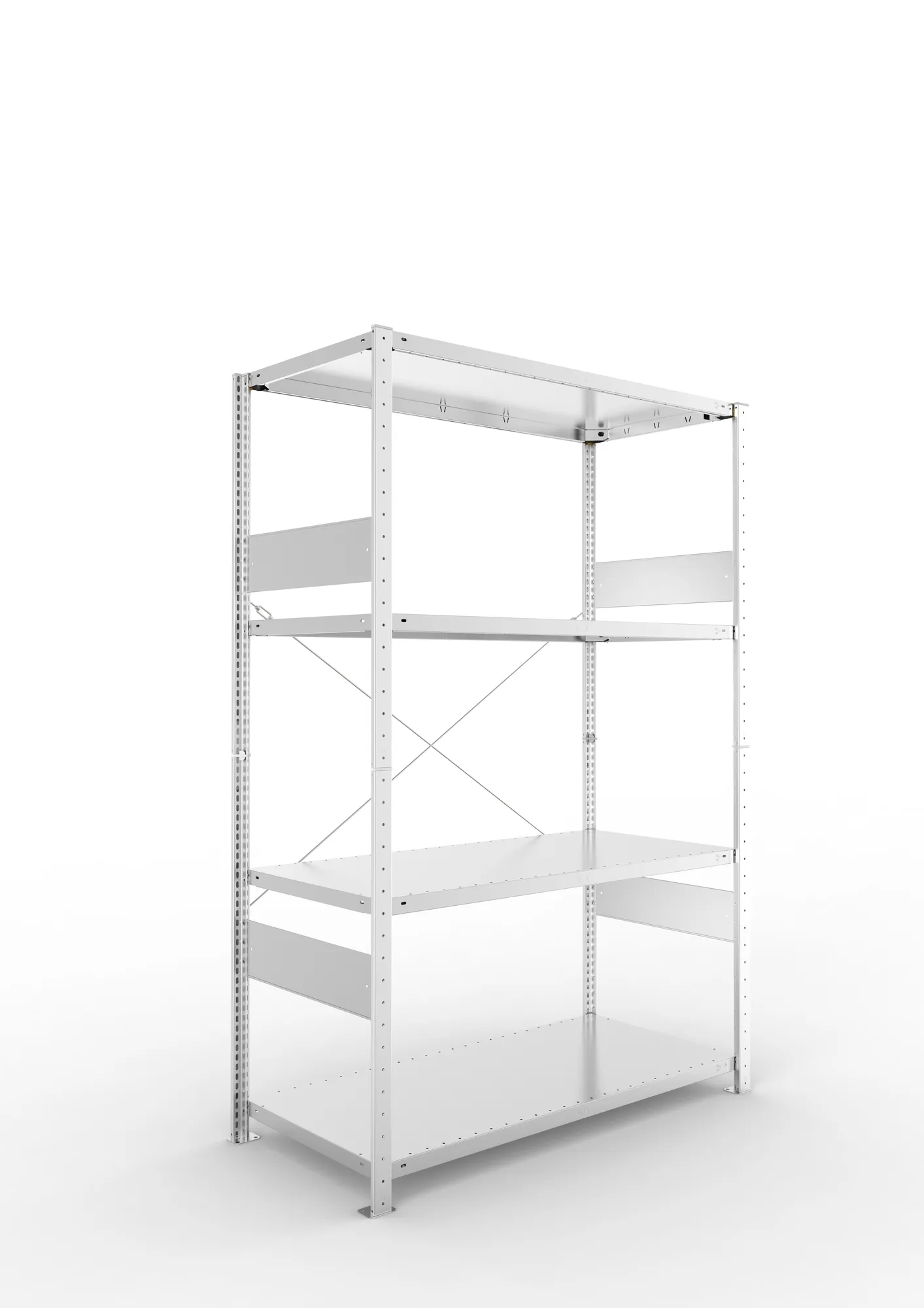 META CLIP SPLIT, Fachbodenregal, Grundregal, 2000 x 1300 x 600 mm, Fachlast 230 kg, 4 Ebenen, verzinkt – Ansicht in Blickhöhe